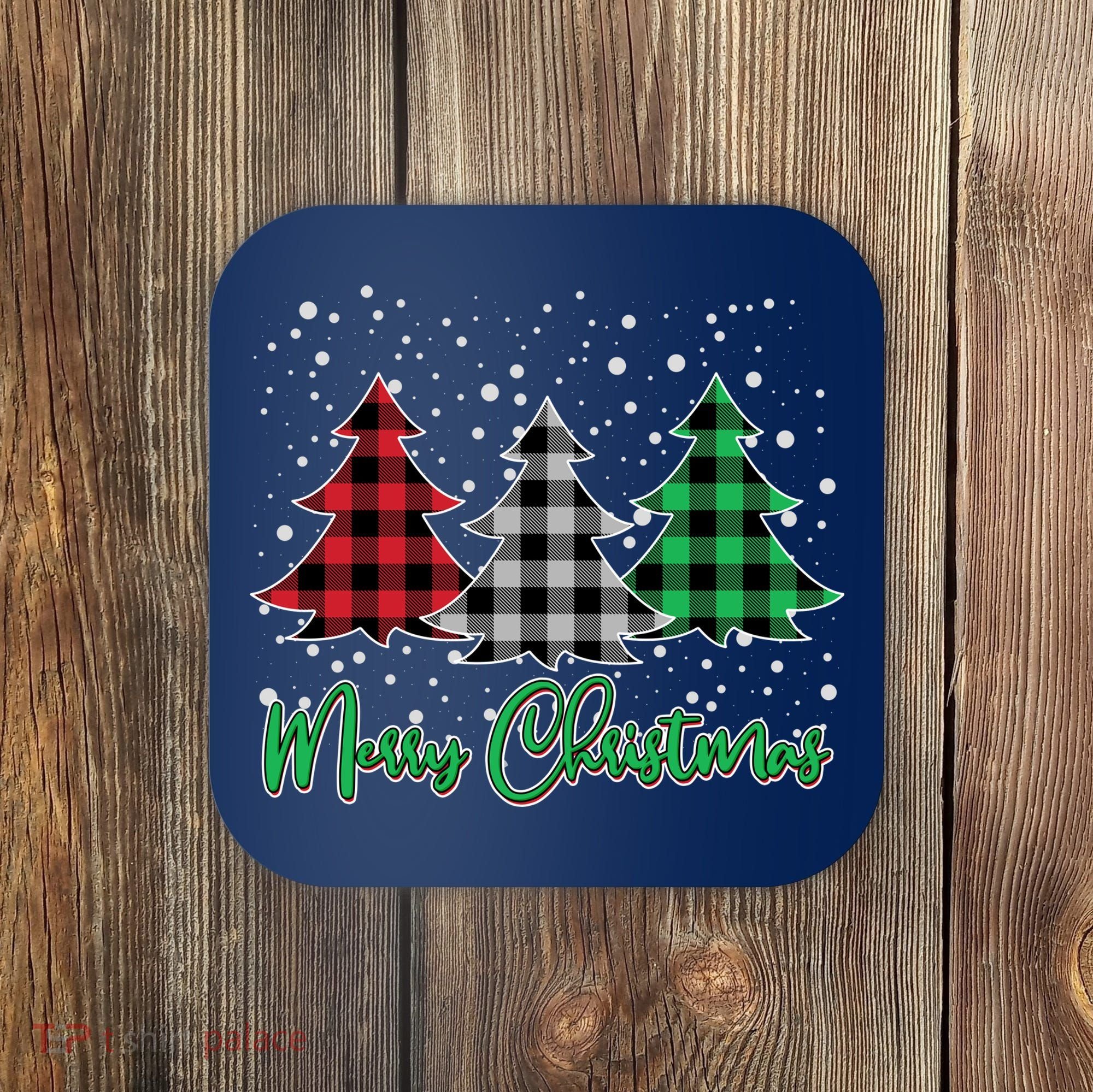 Merry Christmas Plaid Trees Coaster