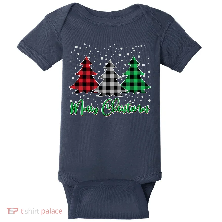 Merry Christmas Plaid Trees Baby Bodysuit