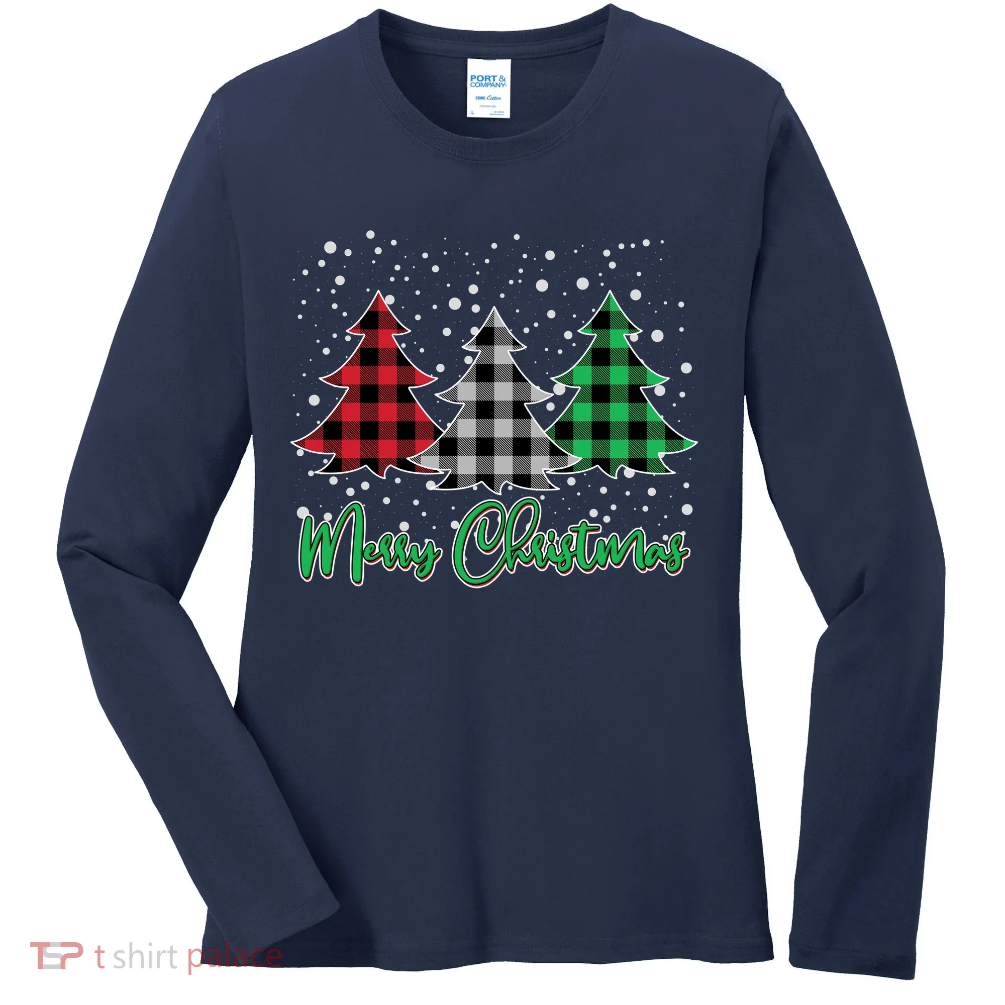 Merry Christmas Plaid Trees Women's Long Sleeve Shirt