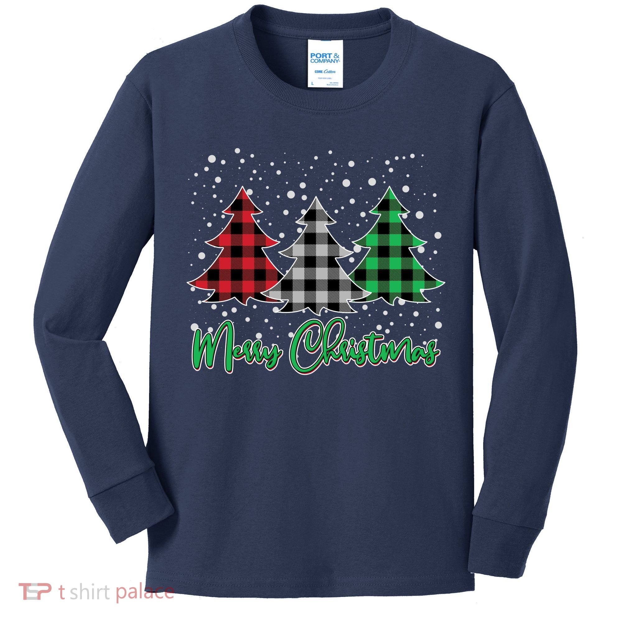Merry Christmas Plaid Trees Kids Long Sleeve Shirt