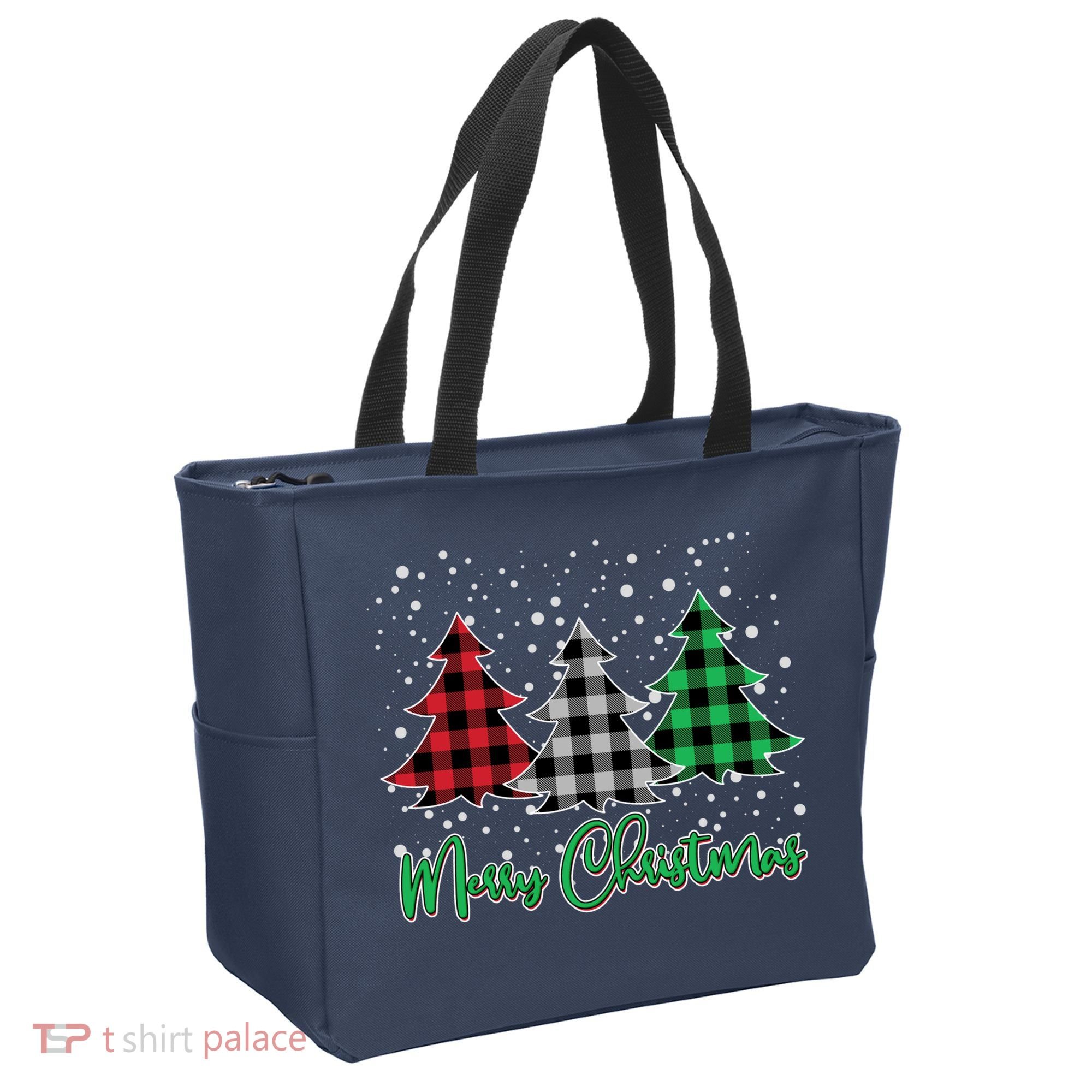 Merry Christmas Plaid Trees Tote Bag