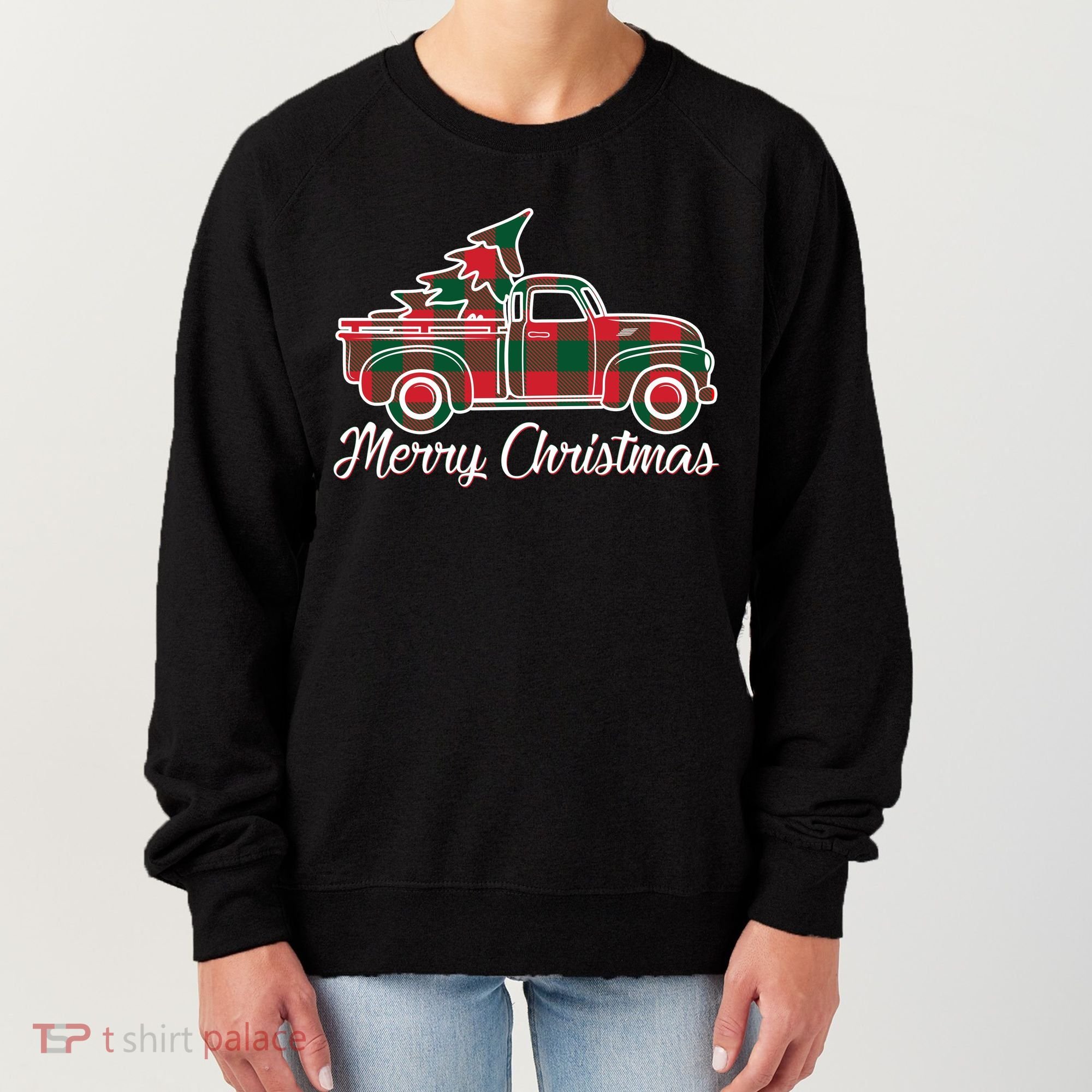 Merry Christmas Plaid Truck And Tree Women's Sweatshirt