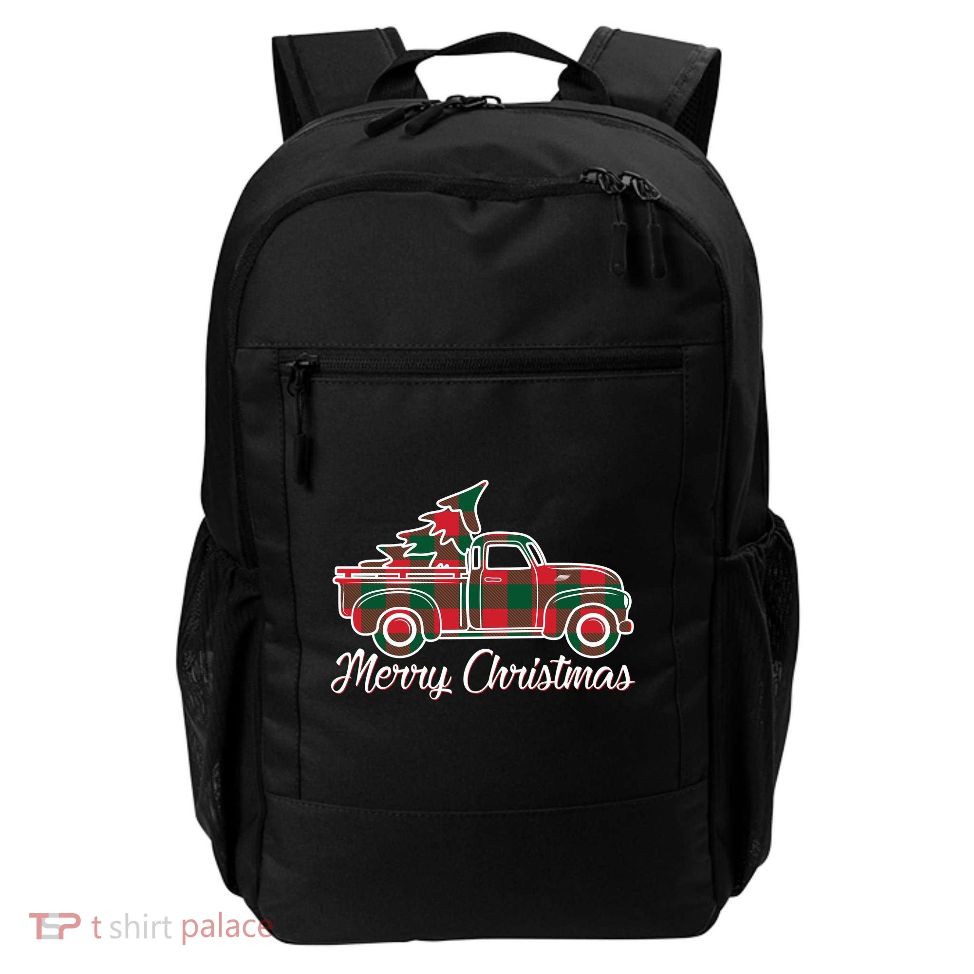 Merry Christmas Plaid Truck And Tree Backpack