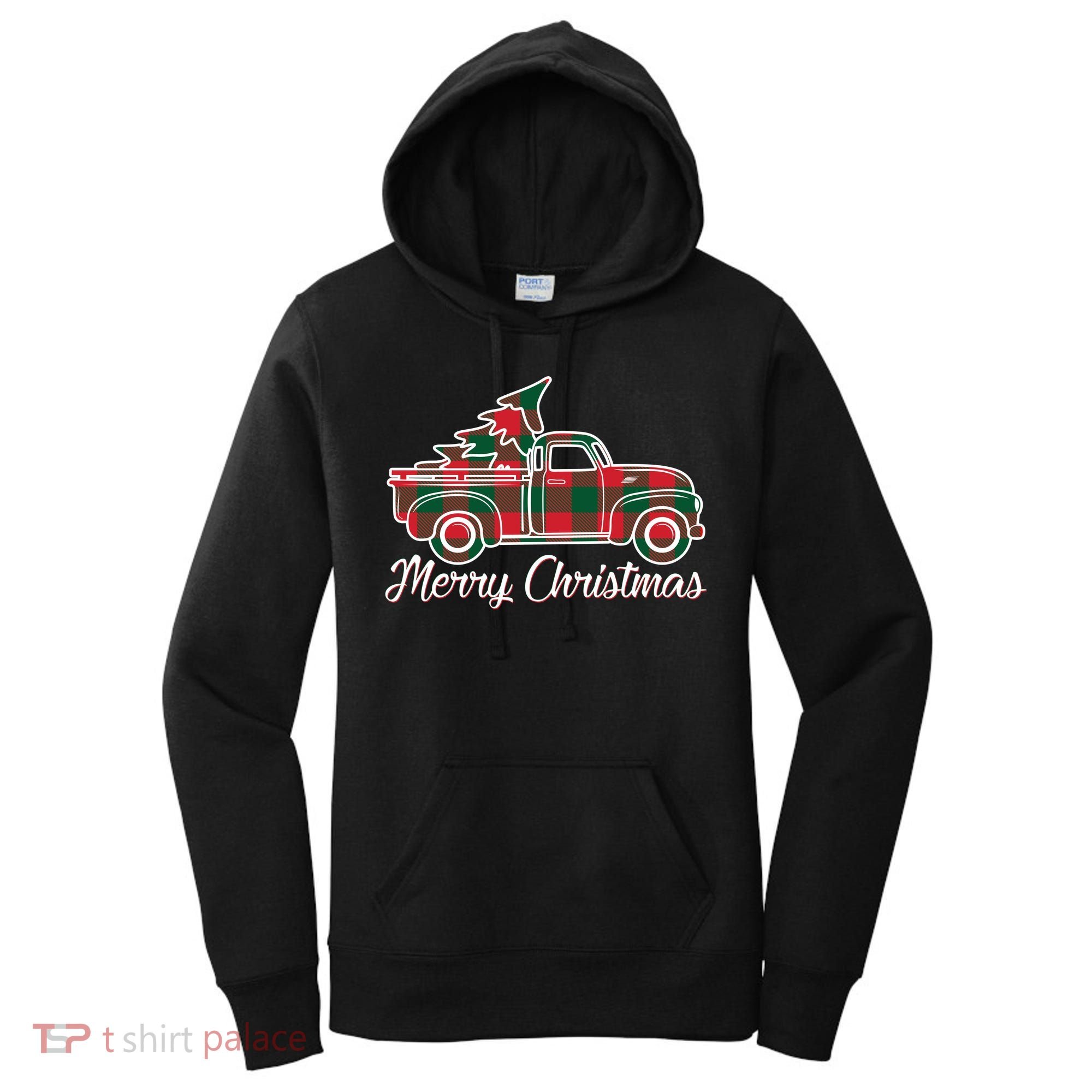 Merry Christmas Plaid Truck And Tree Women's Hoodie
