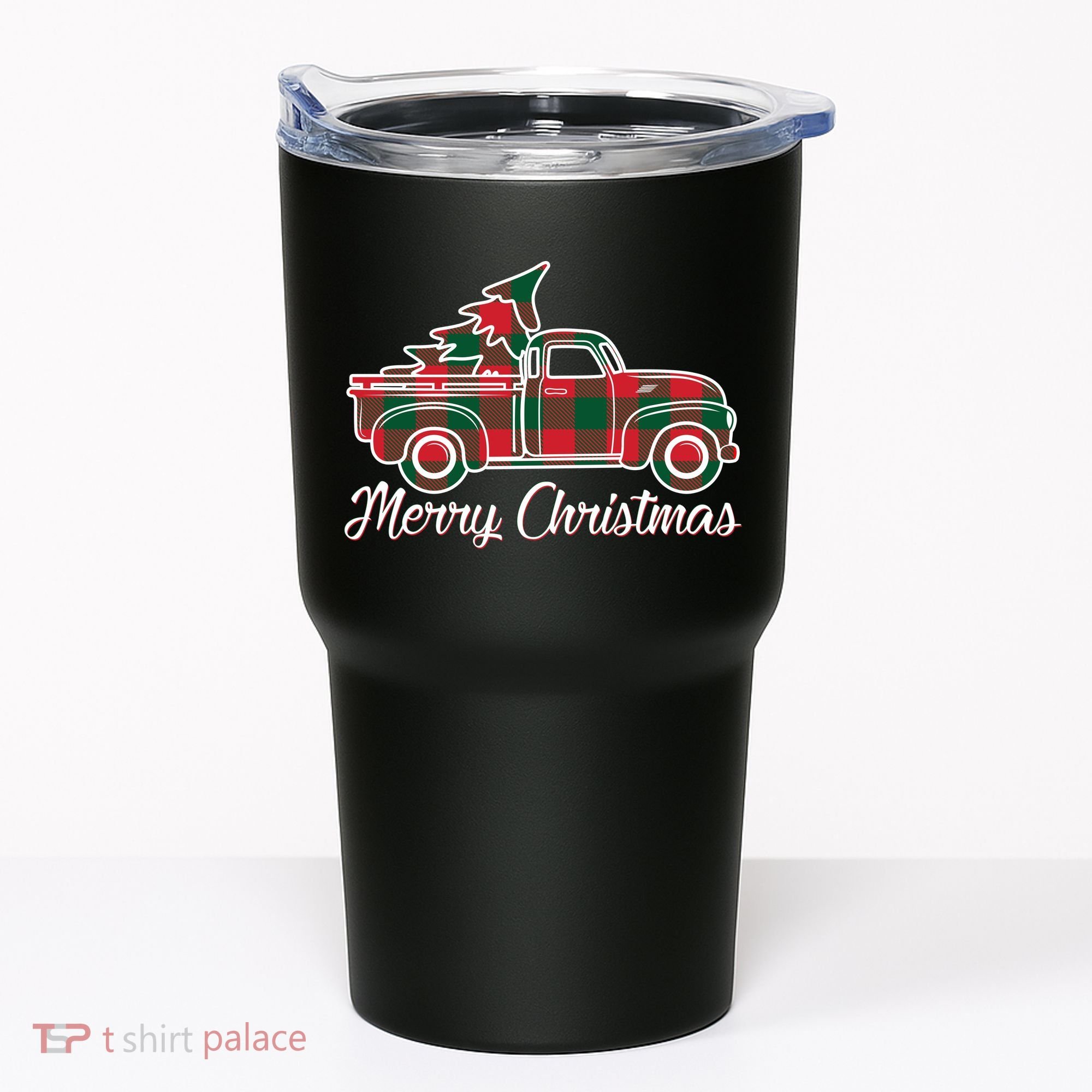 Merry Christmas Plaid Truck And Tree Tumbler