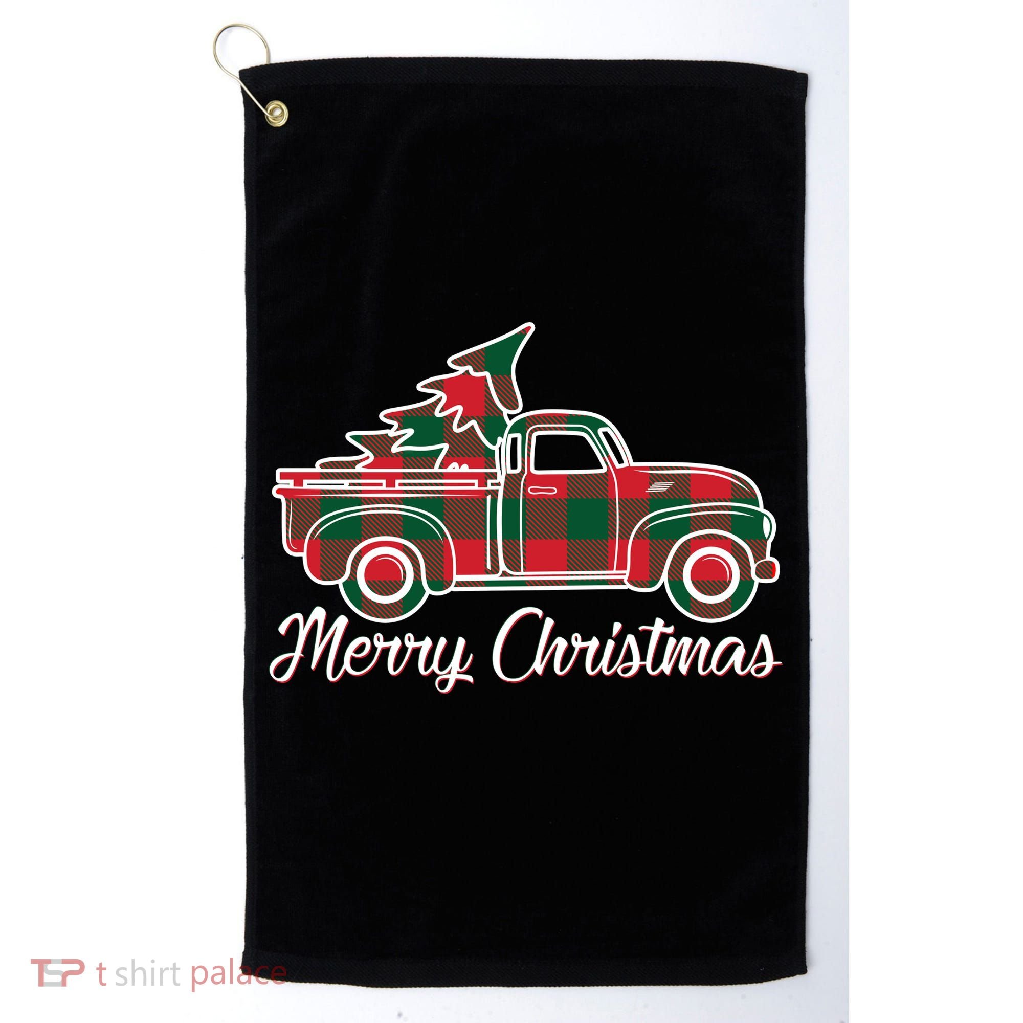 Merry Christmas Plaid Truck And Tree Golf Towel