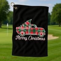Merry Christmas Plaid Truck And Tree Golf Towel thumb 1