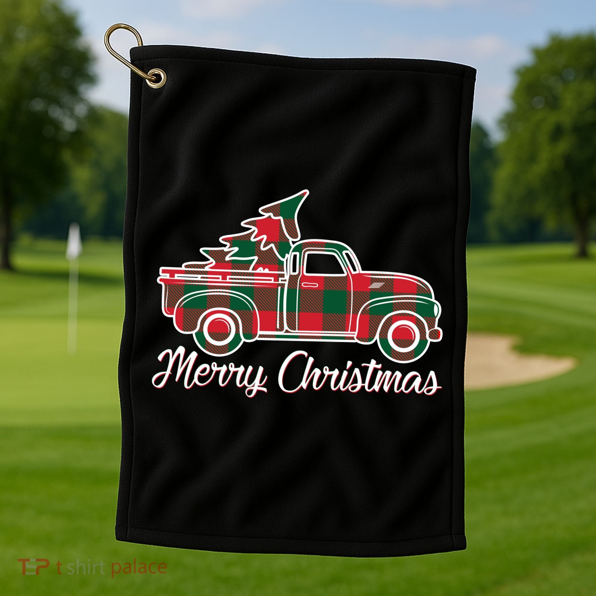 Merry Christmas Plaid Truck And Tree Golf Towel