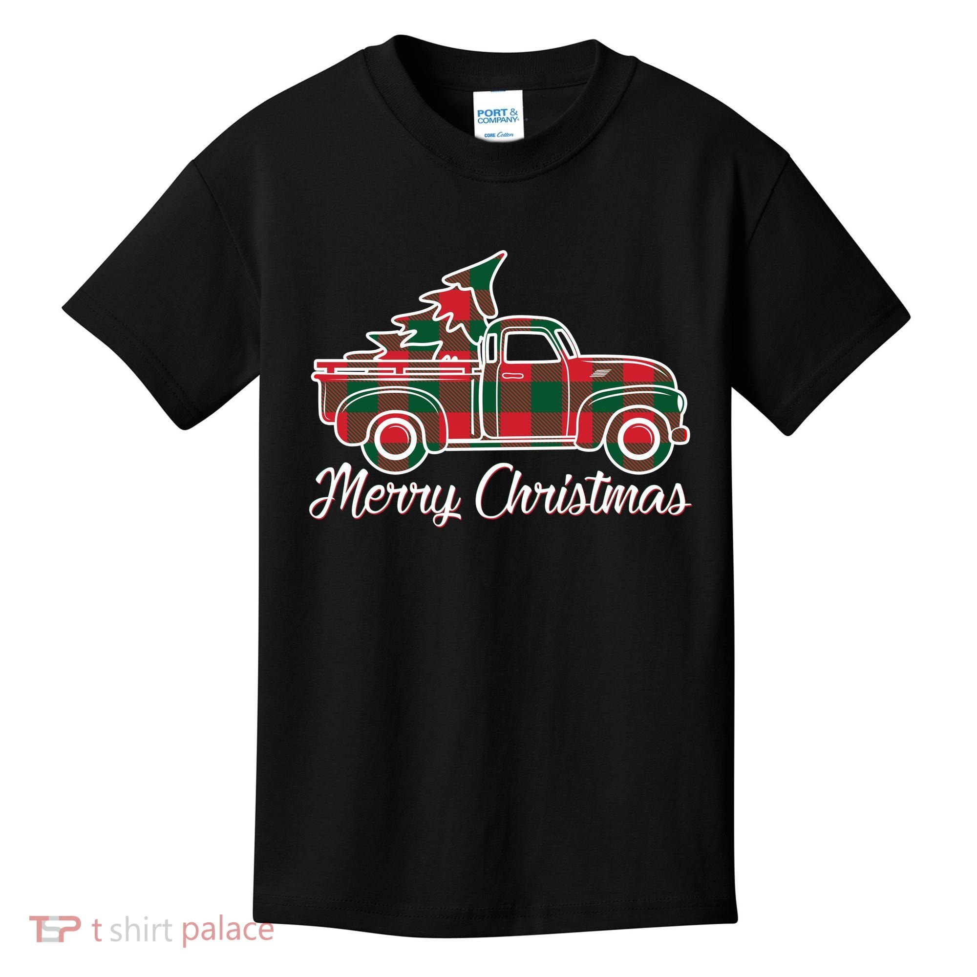 Merry Christmas Plaid Truck And Tree Kids T-Shirt