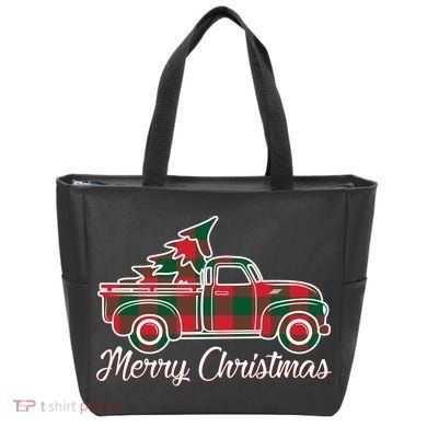 Merry Christmas Plaid Truck And Tree Tote Bag