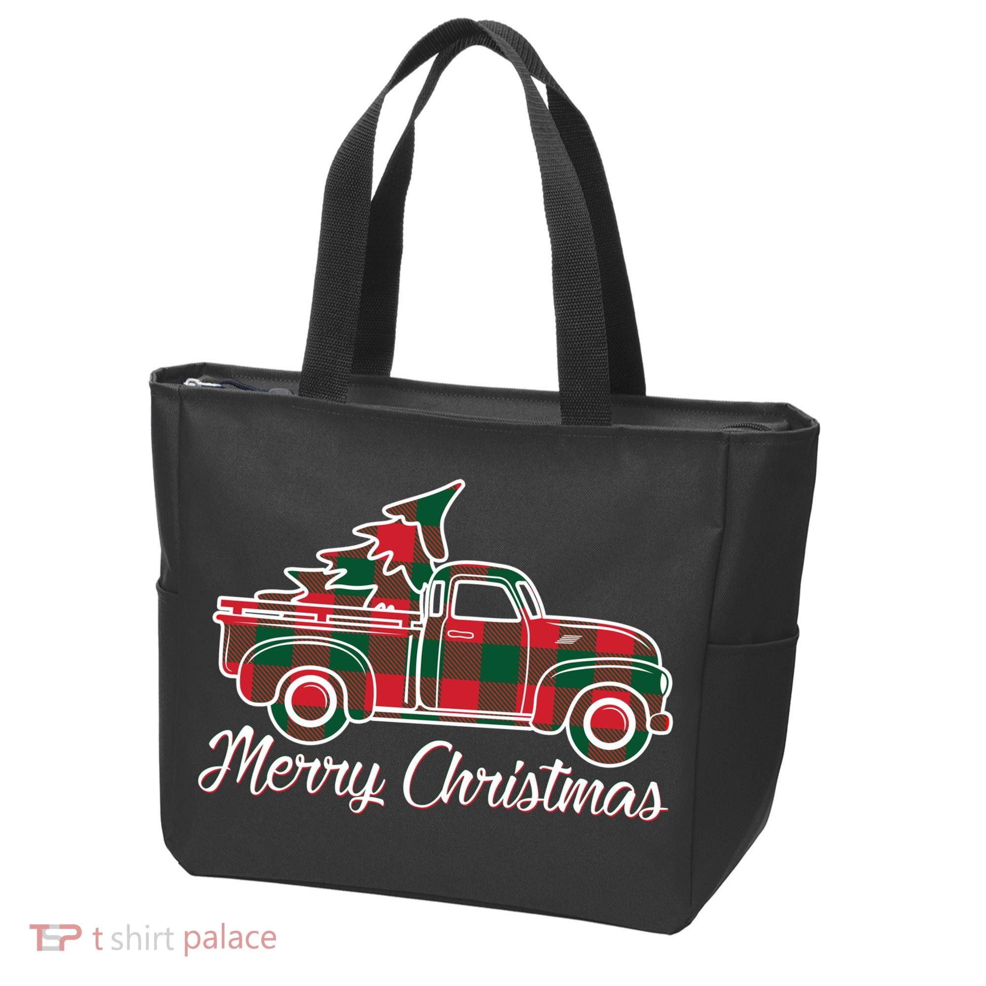 Merry Christmas Plaid Truck And Tree Tote Bag
