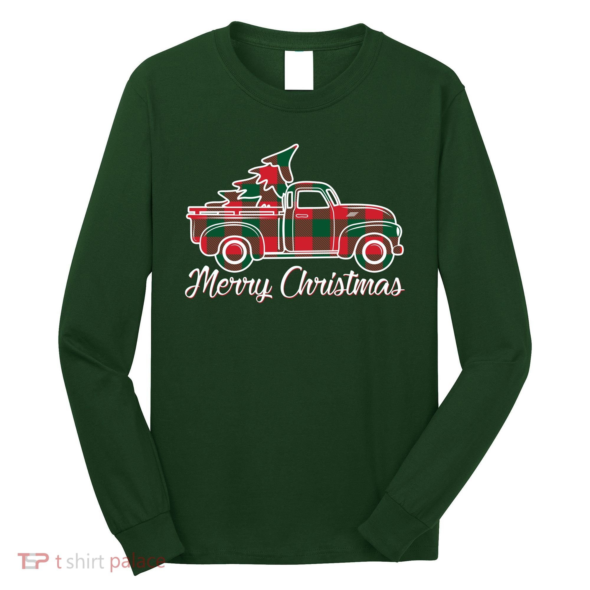 Merry Christmas Plaid Truck And Tree Long Sleeve Shirt