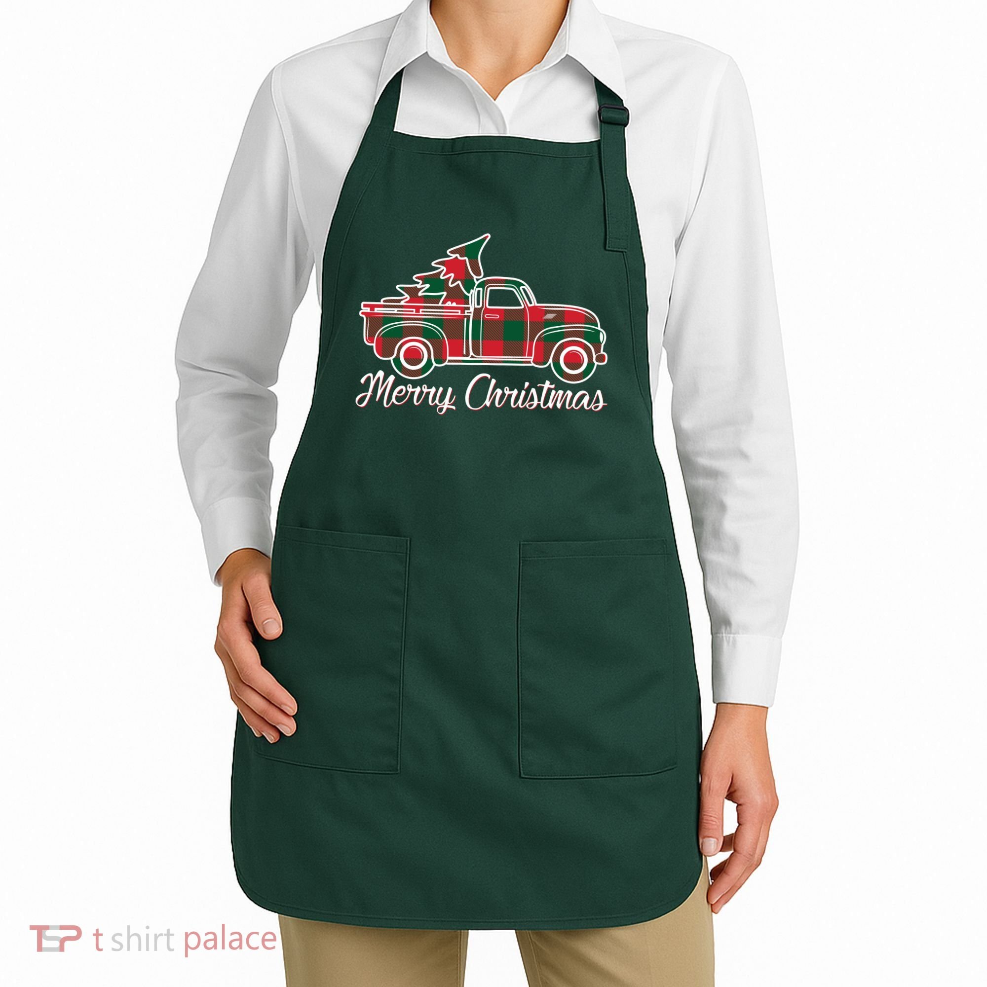 Merry Christmas Plaid Truck And Tree Apron