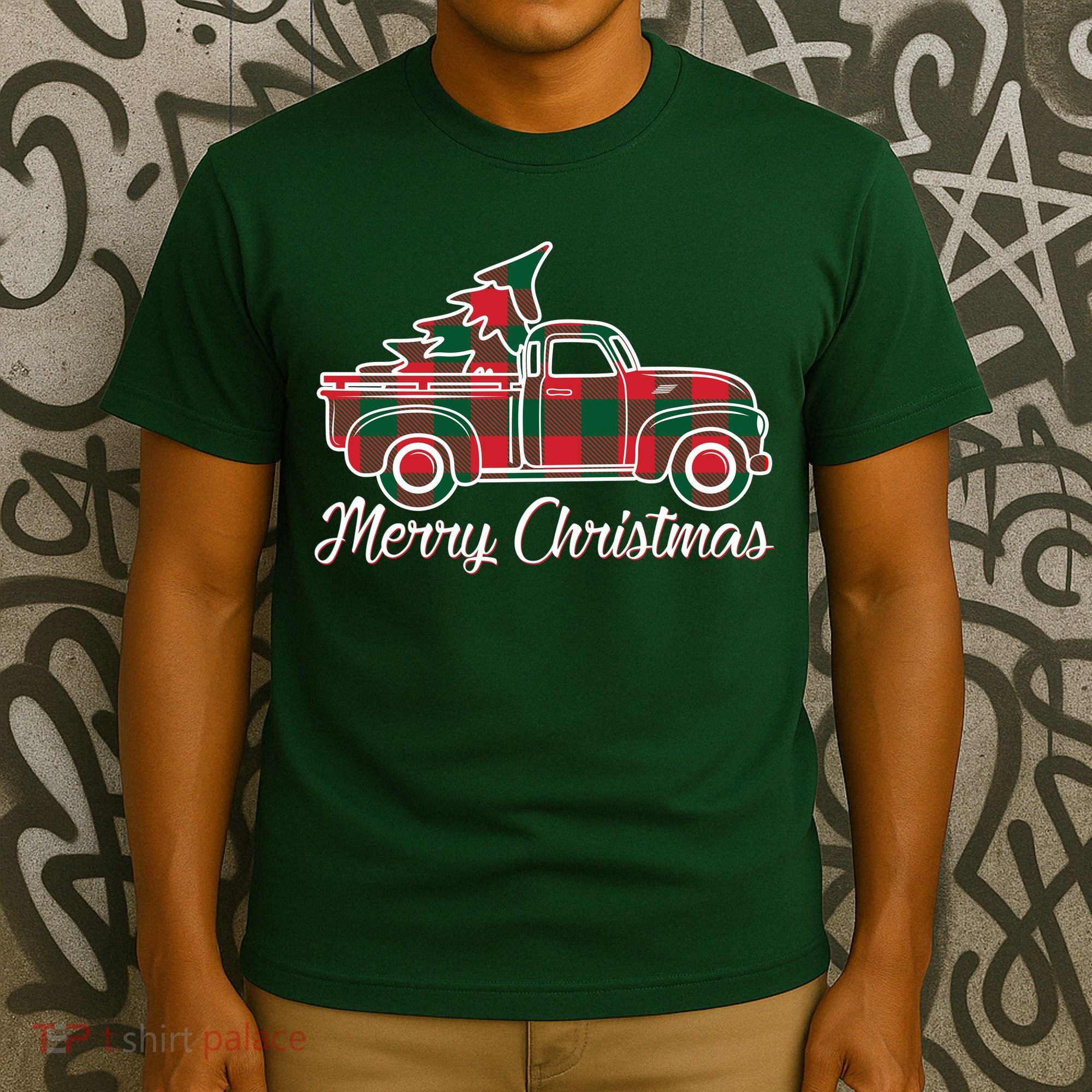 Merry Christmas Plaid Truck And Tree T-Shirt