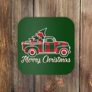 Merry Christmas Plaid Truck And Tree Coaster