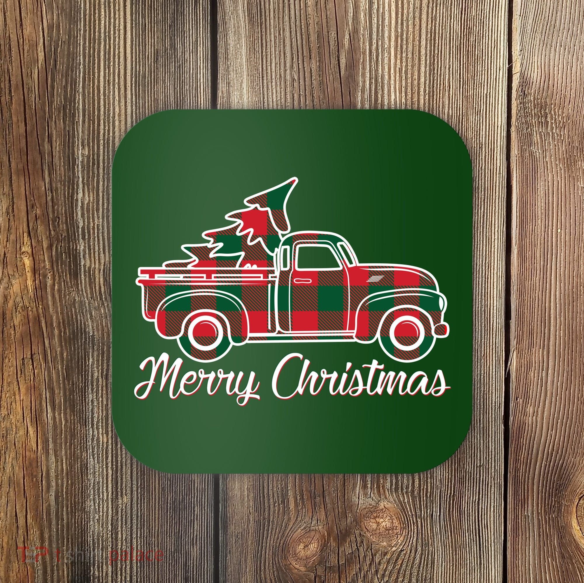 Merry Christmas Plaid Truck And Tree Coaster
