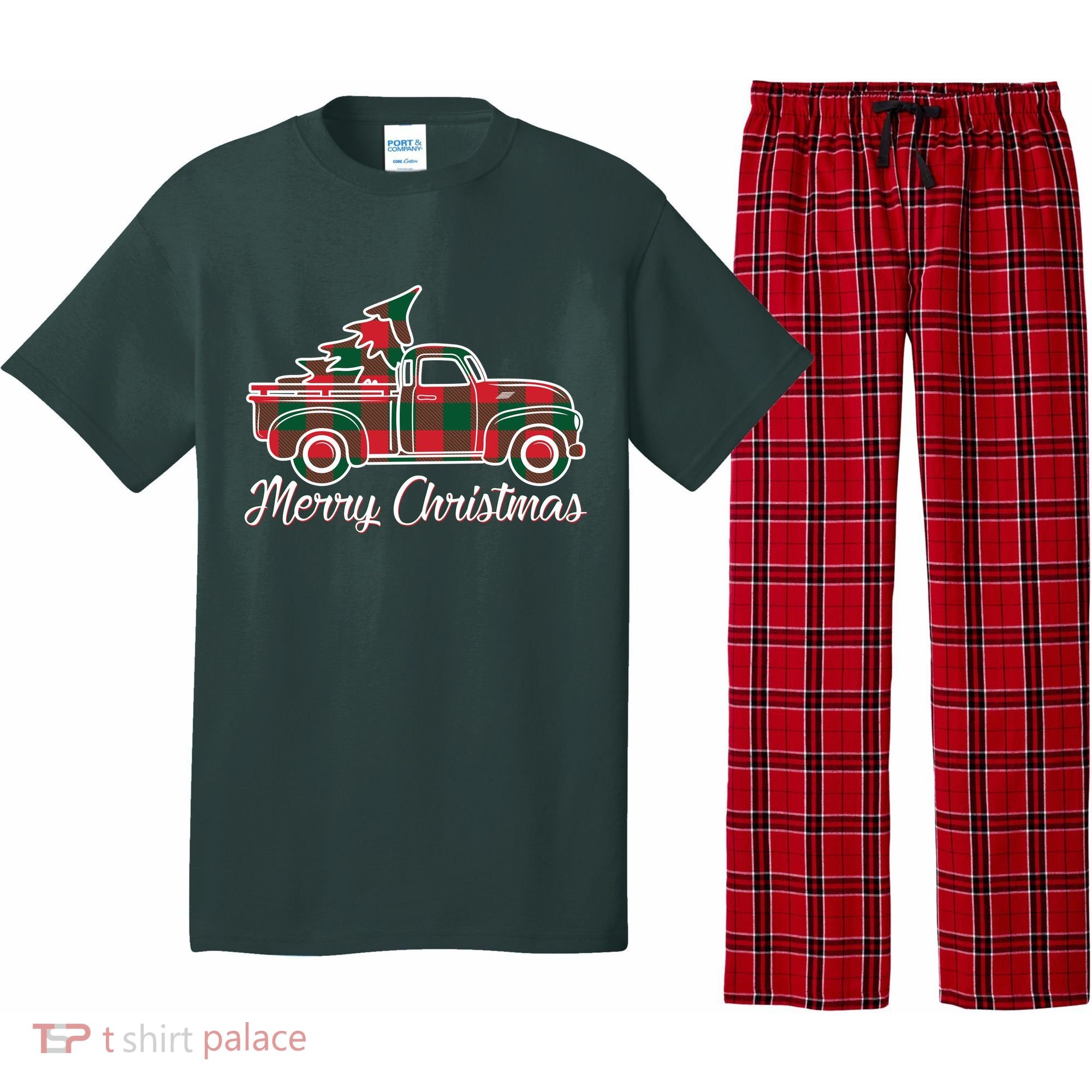 Merry Christmas Plaid Truck And Tree Pajama Set