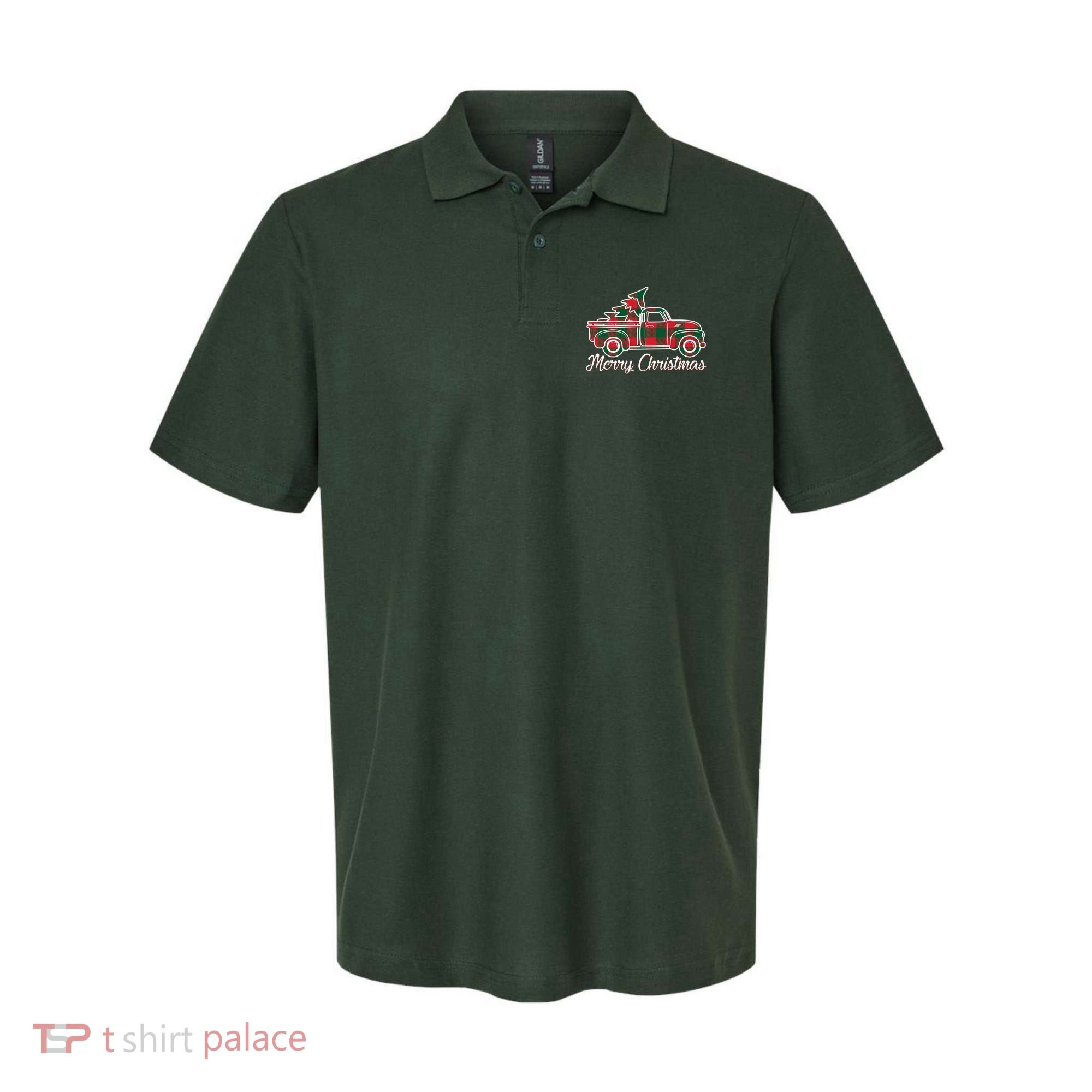 Merry Christmas Plaid Truck And Tree Polo
