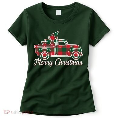 Merry Christmas Plaid Truck And Tree Women's T-Shirt