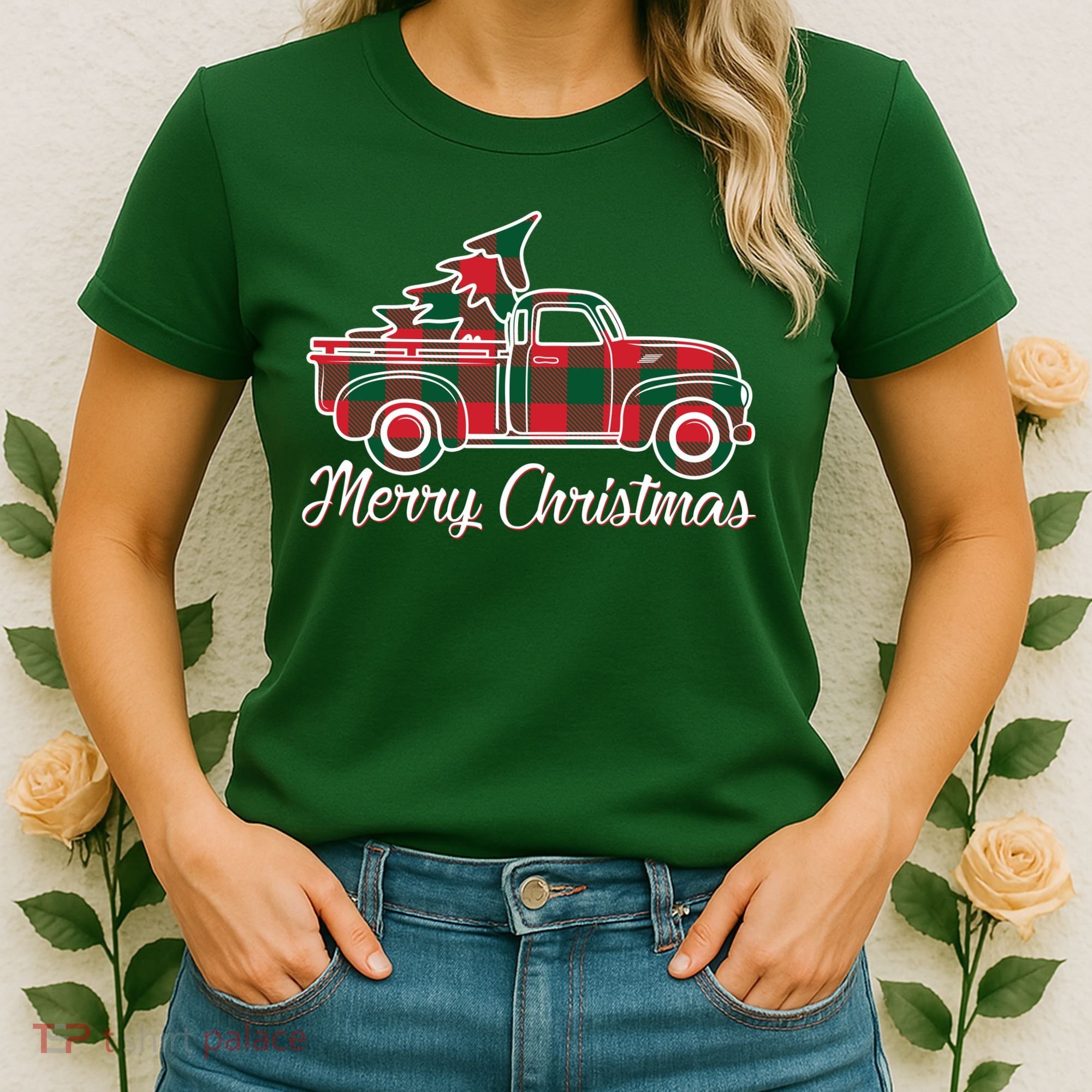 Merry Christmas Plaid Truck And Tree Women's T-Shirt
