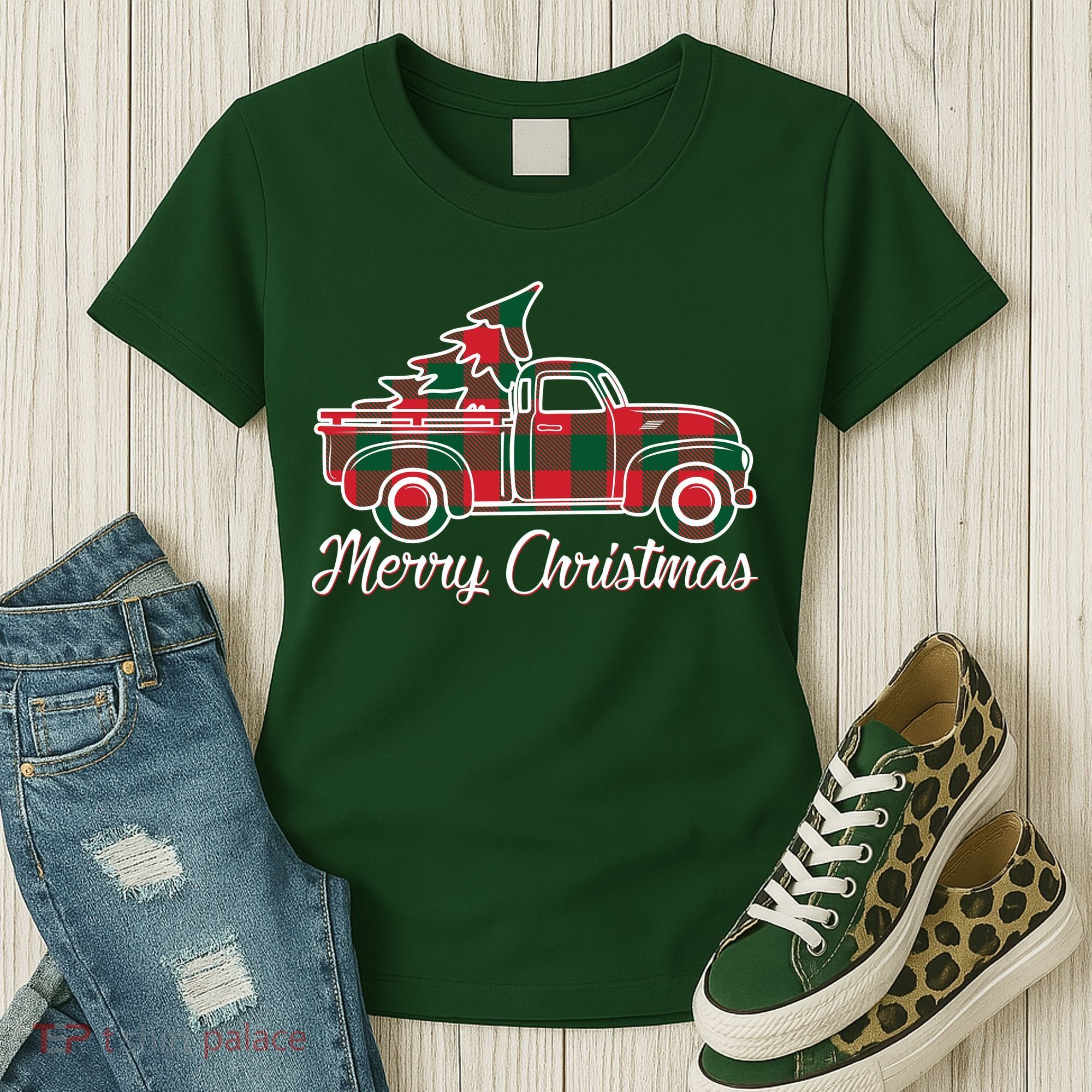 Merry Christmas Plaid Truck And Tree Women's T-Shirt