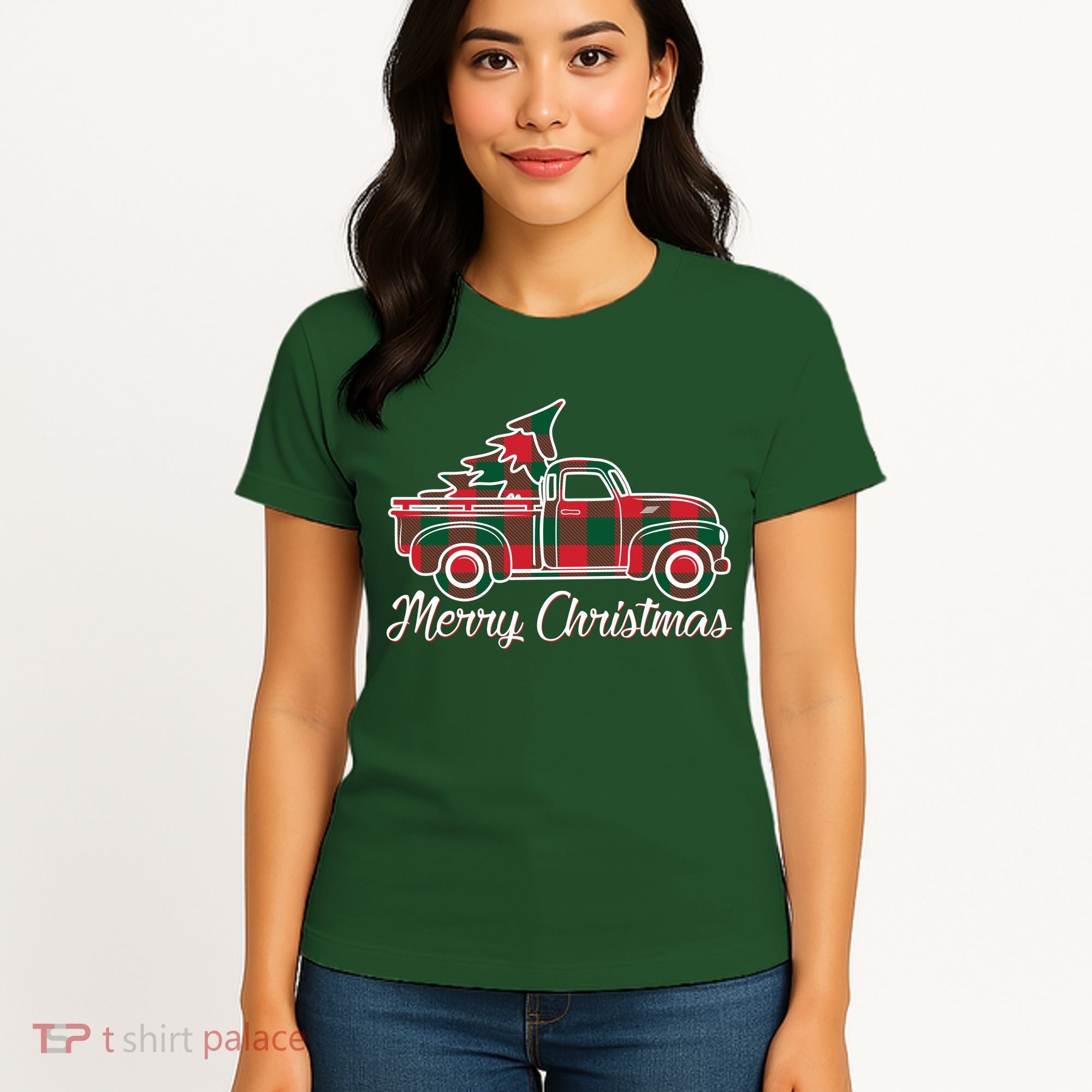 Merry Christmas Plaid Truck And Tree Women's T-Shirt