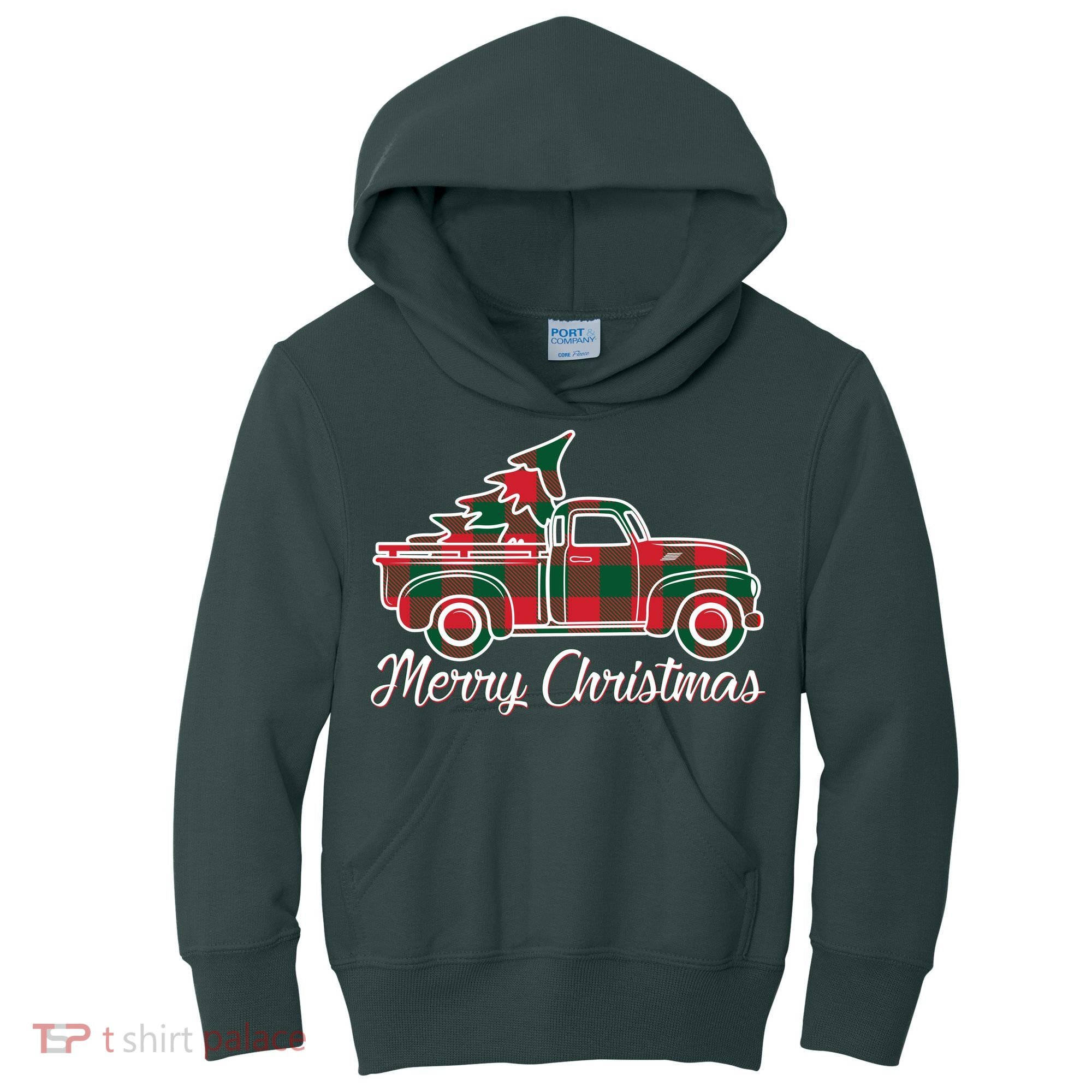 Merry Christmas Plaid Truck And Tree Kids Hoodie