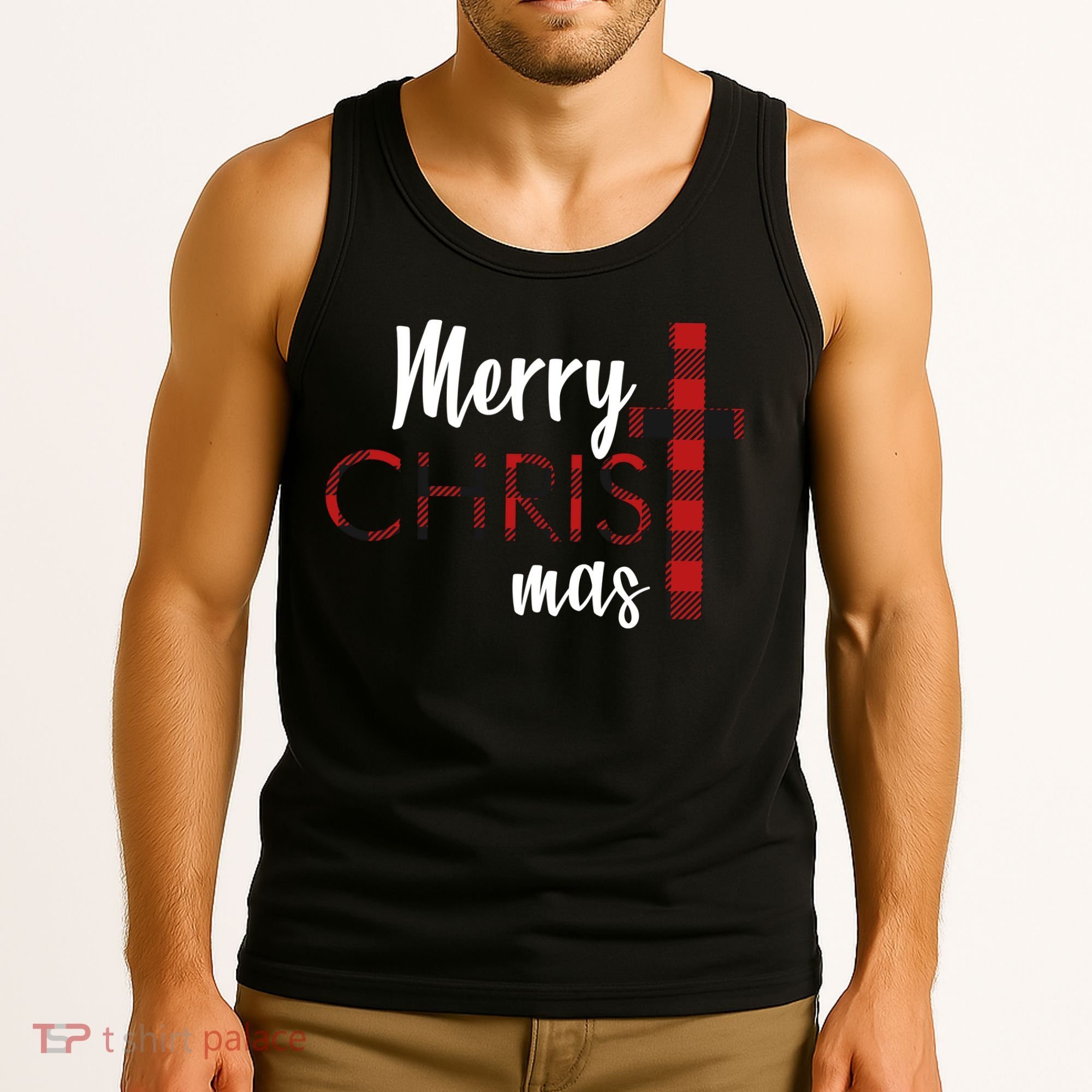 Merry Christmas Plaided Cross Tank Top