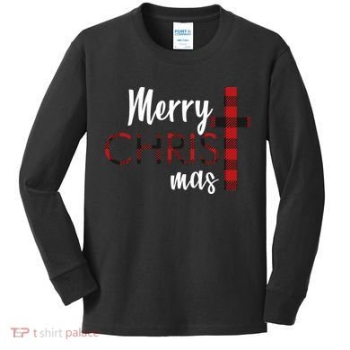 Merry Christmas Plaided Cross Kids Long Sleeve Shirt