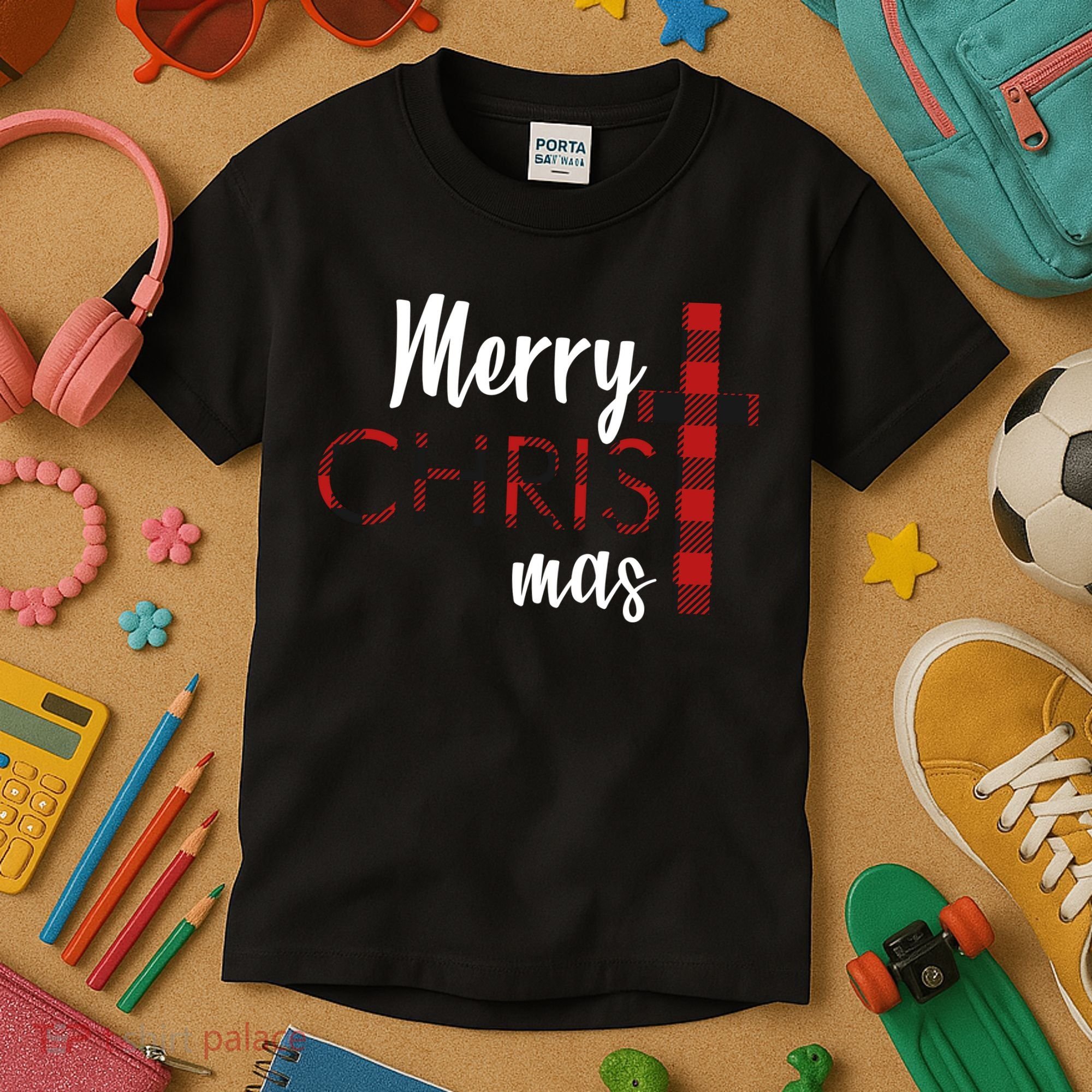 Merry Christmas Plaided Cross Kids T-Shirt
