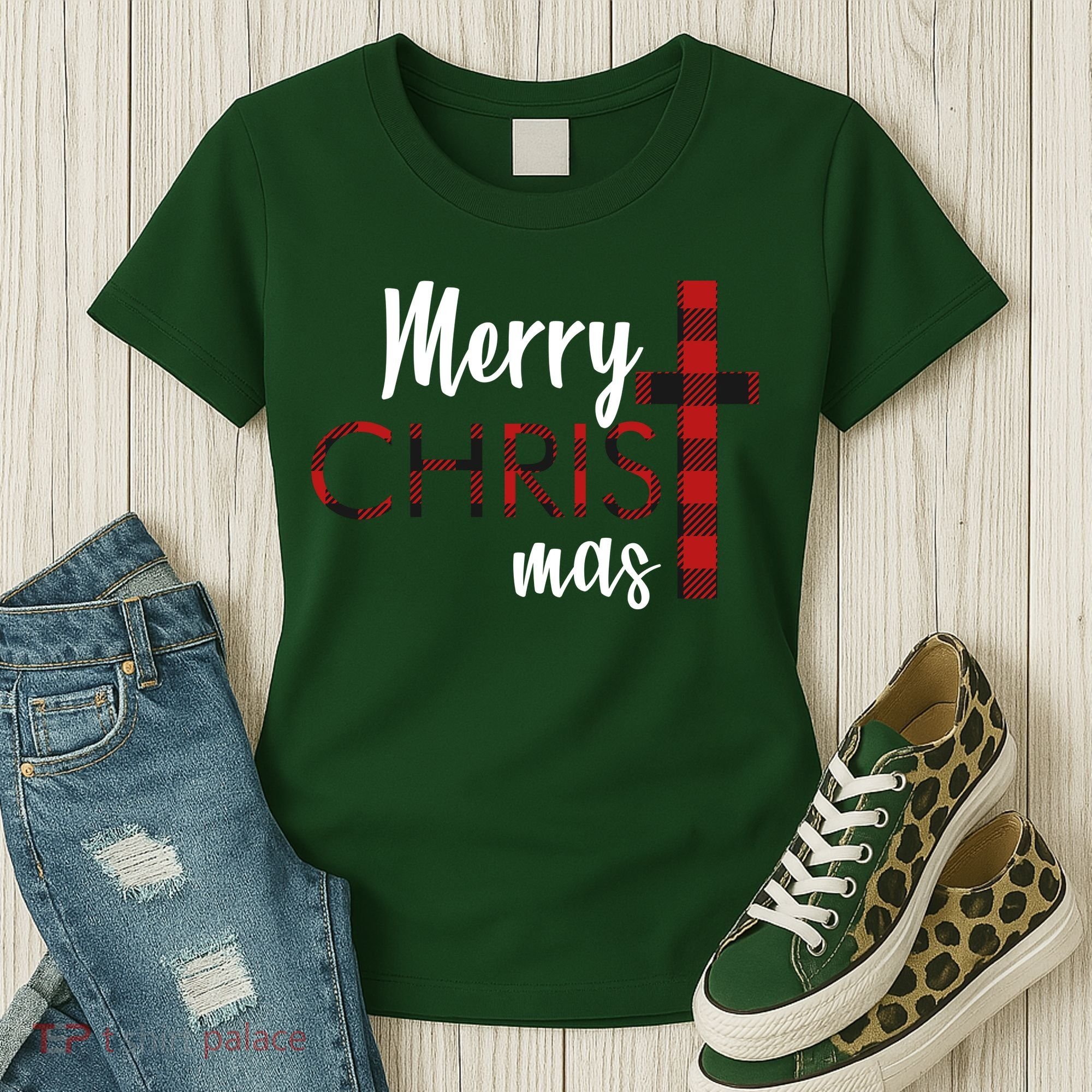 Merry Christmas Plaided Cross Women's T-Shirt