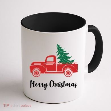 Merry Christmas Tree and Truck Coffee Mug back