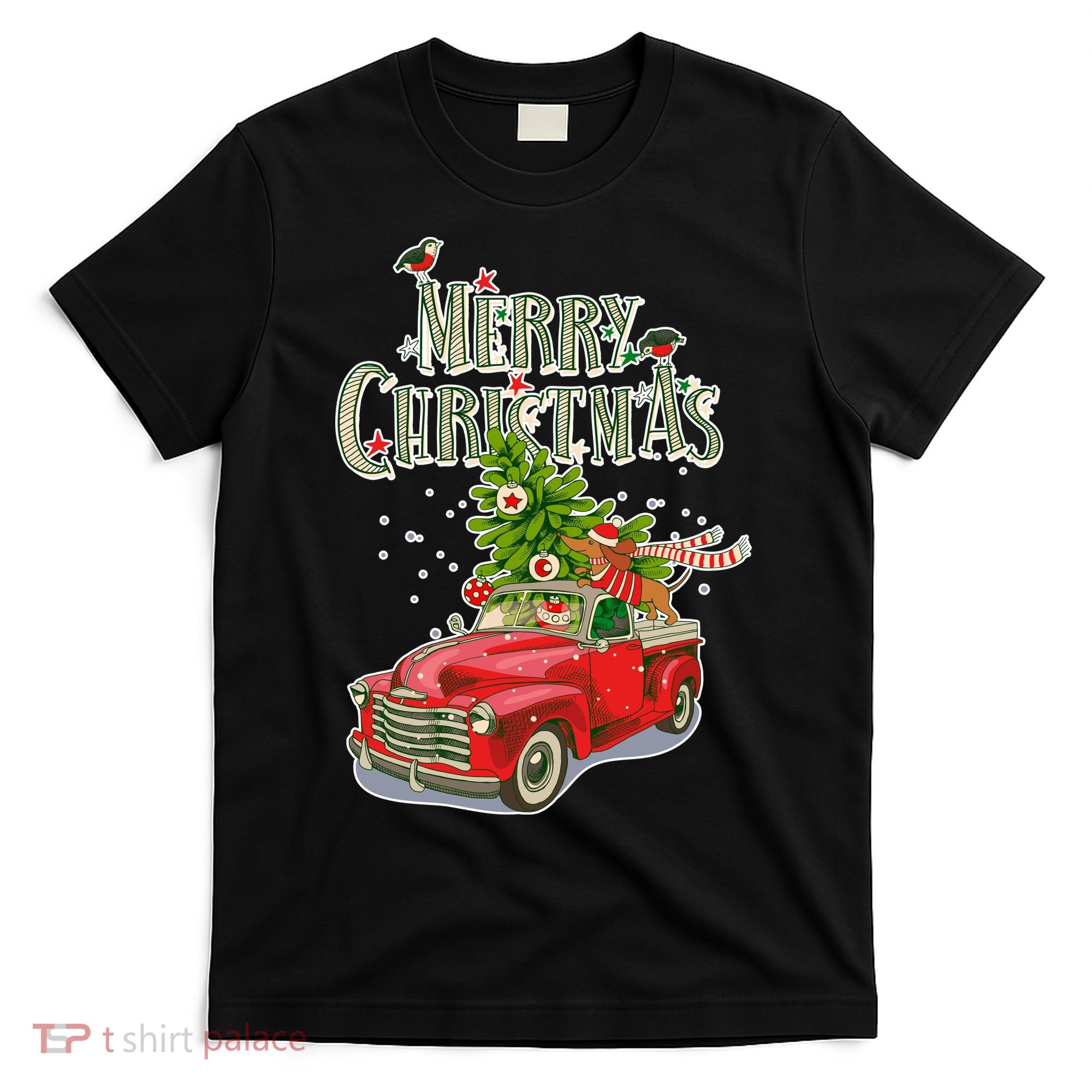 Merry Christmas Vintage Pickup Truck Tree Dachshund  T-Shirt
