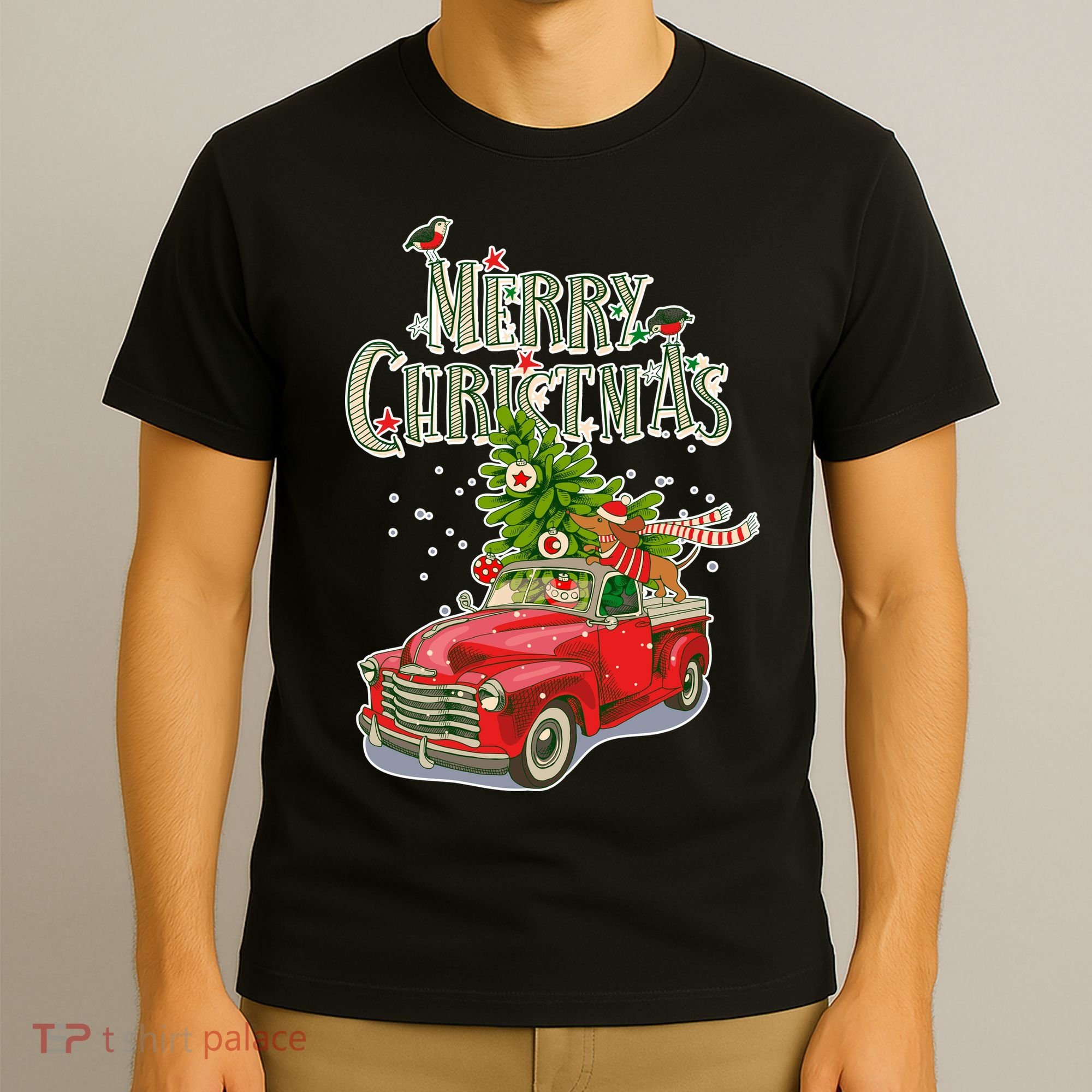 Merry Christmas Vintage Pickup Truck Tree Dachshund  T-Shirt