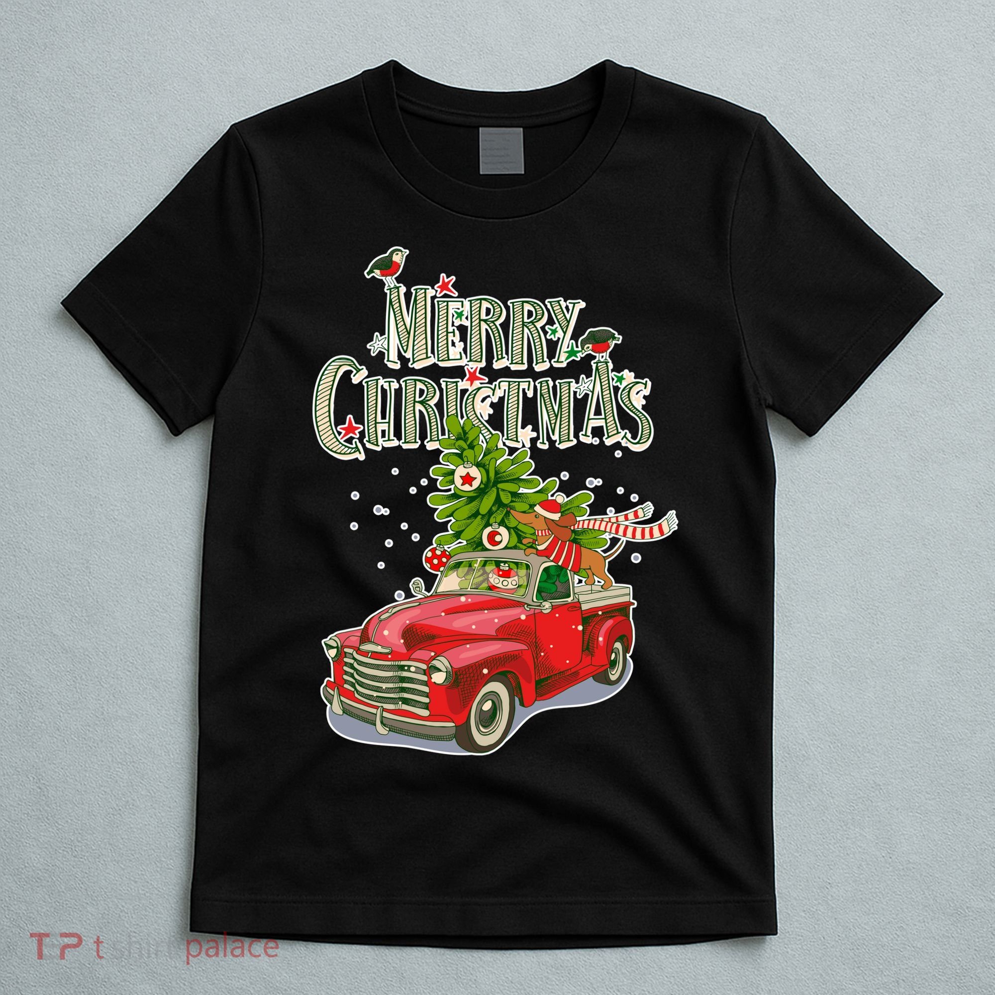 Merry Christmas Vintage Pickup Truck Tree Dachshund  T-Shirt