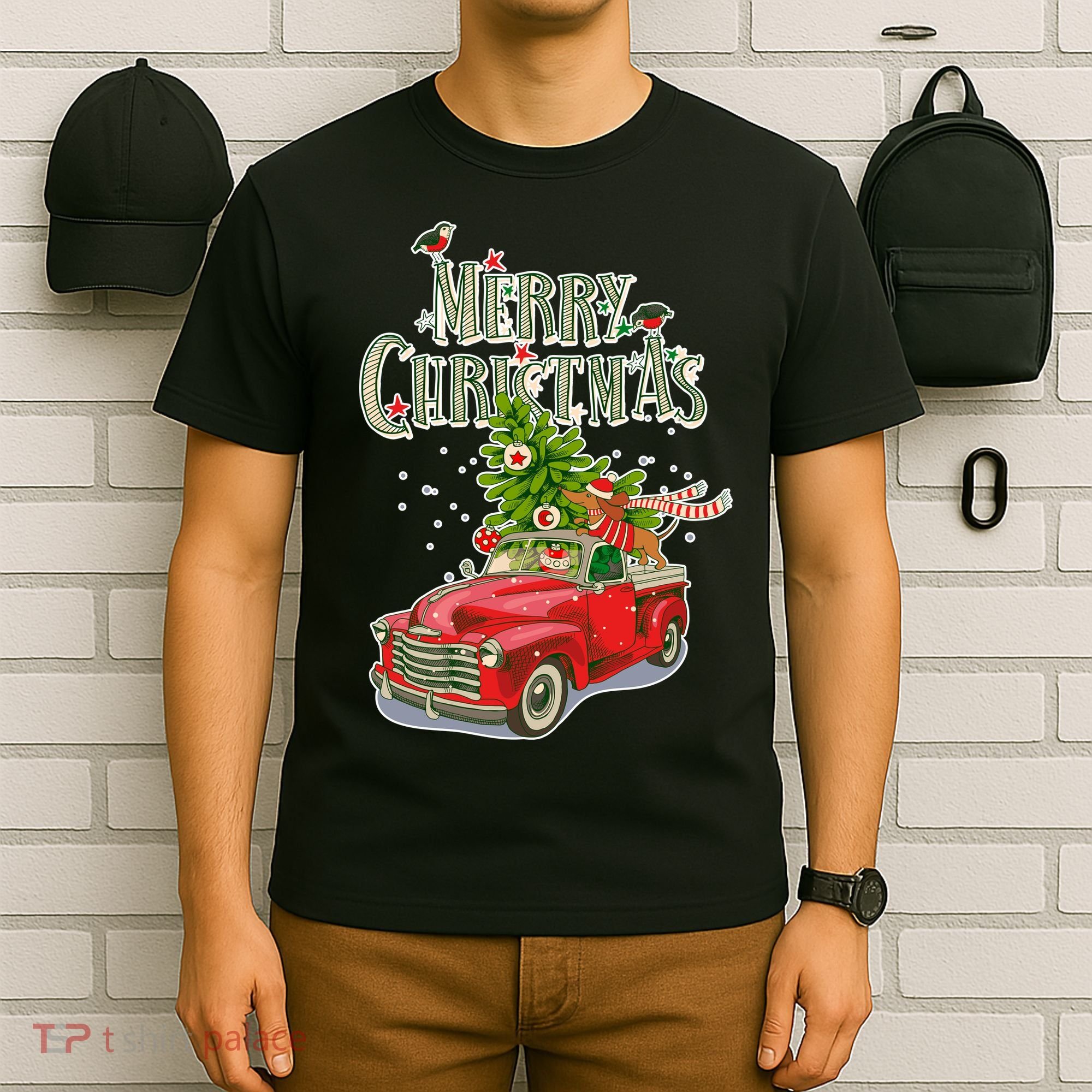 Merry Christmas Vintage Pickup Truck Tree Dachshund  T-Shirt