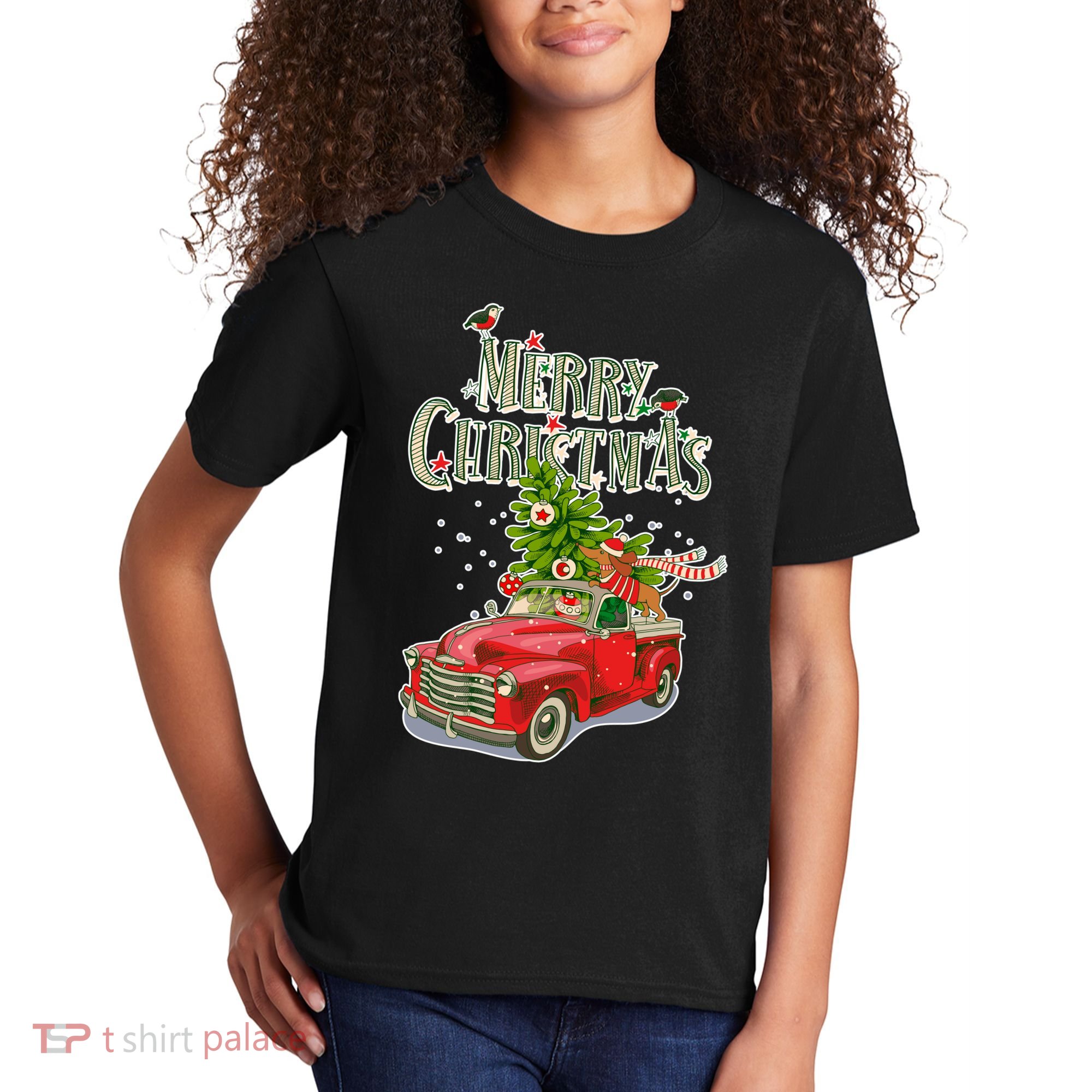 Merry Christmas Vintage Pickup Truck Tree Dachshund  Kids T-Shirt