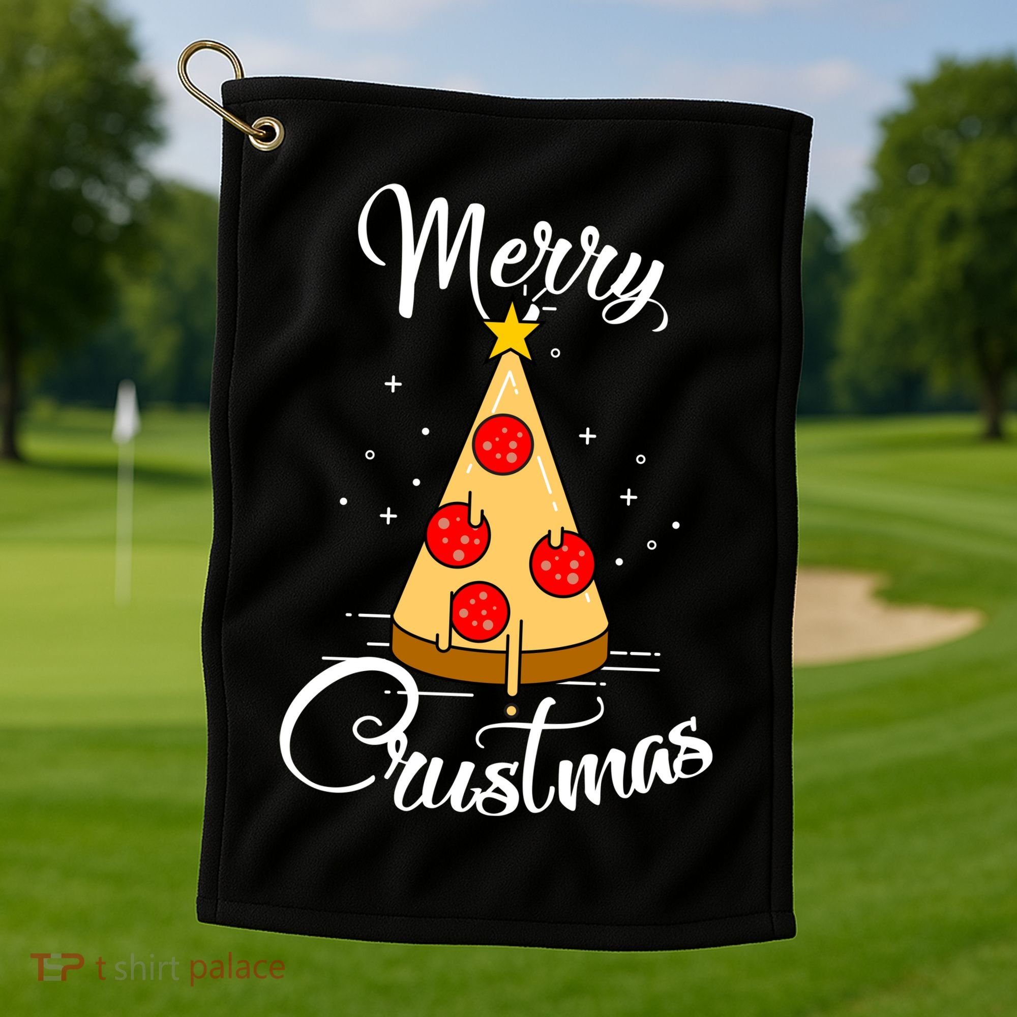 Merry Chrustmas Funny Christmas Pizza Golf Towel