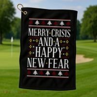 Merry Crisis Ugly Christmas Sweater Golf Towel thumb 1