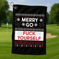 Merry Go F*ck Yourself Ugly Christmas Sweater Golf Towel thumb 1
