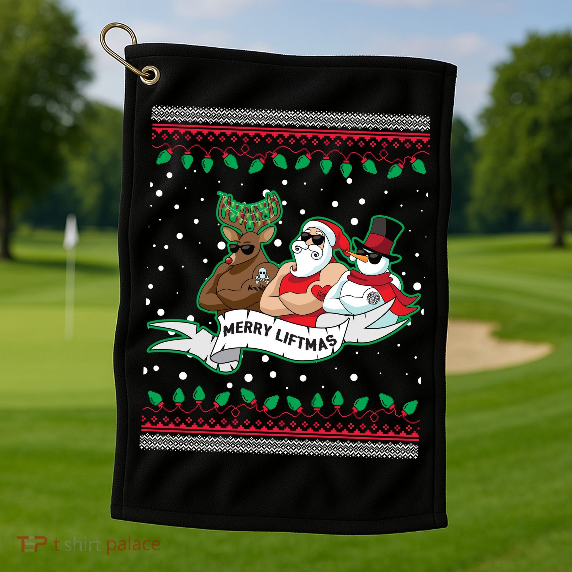 Merry Liftmas Funny Ugly Christmas Sweater Golf Towel