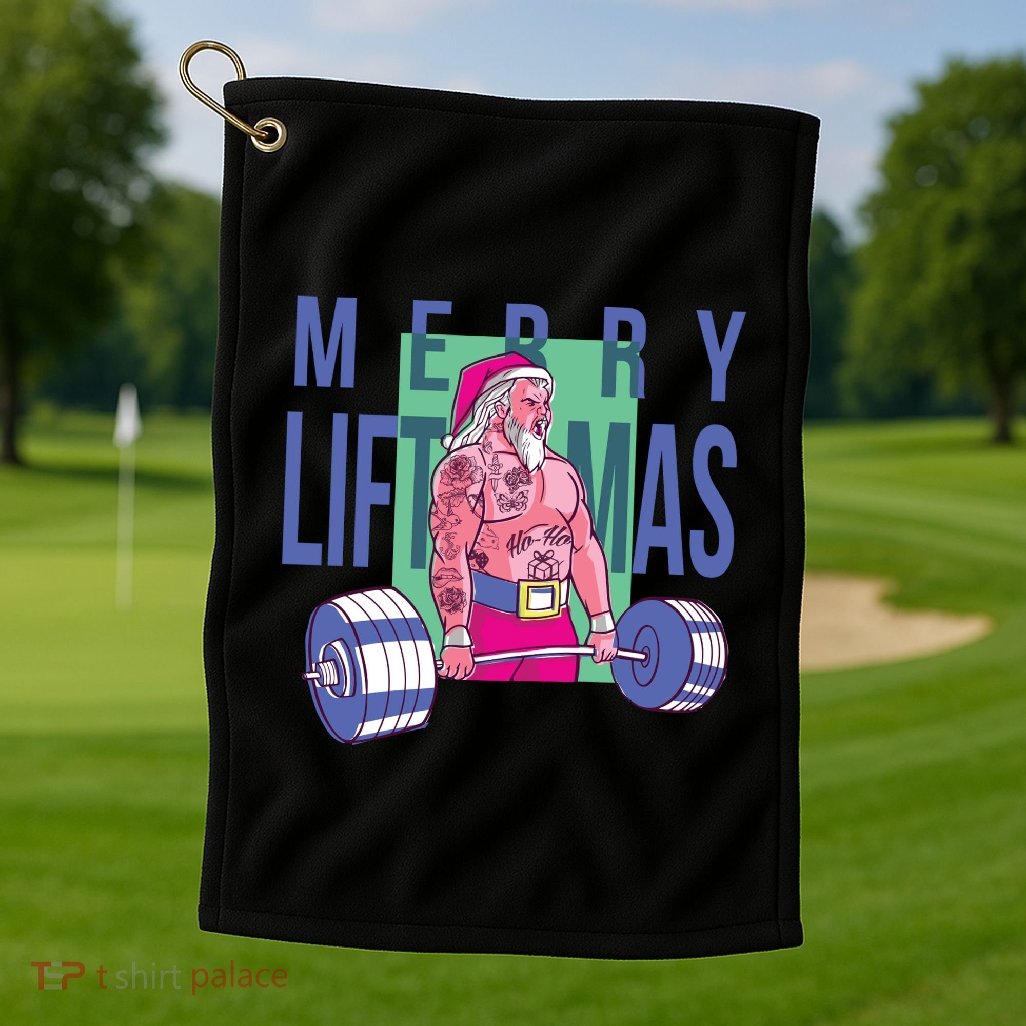 Merry Liftmas Tattoo Santa Golf Towel