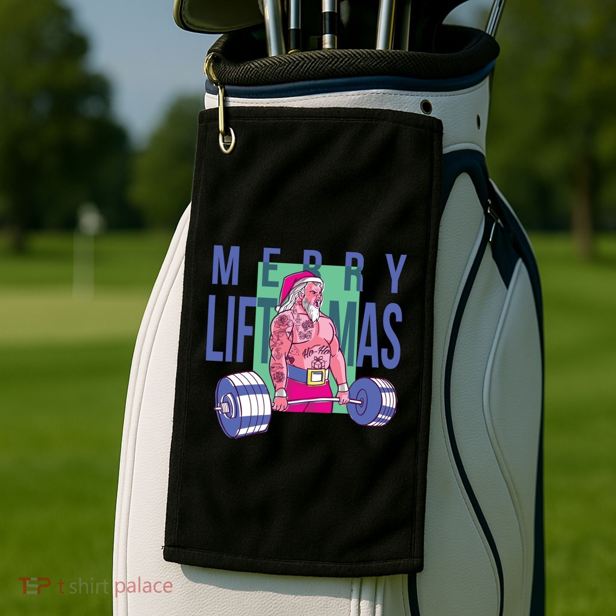 Merry Liftmas Tattoo Santa Golf Towel