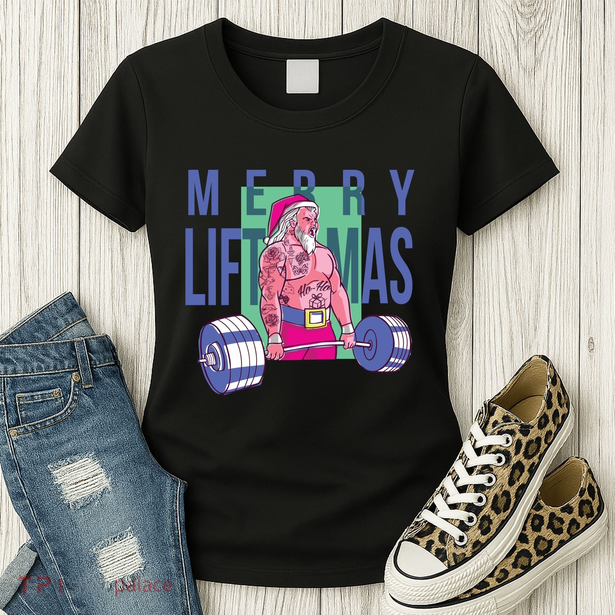 Merry Liftmas Tattoo Santa Women's T-Shirt
