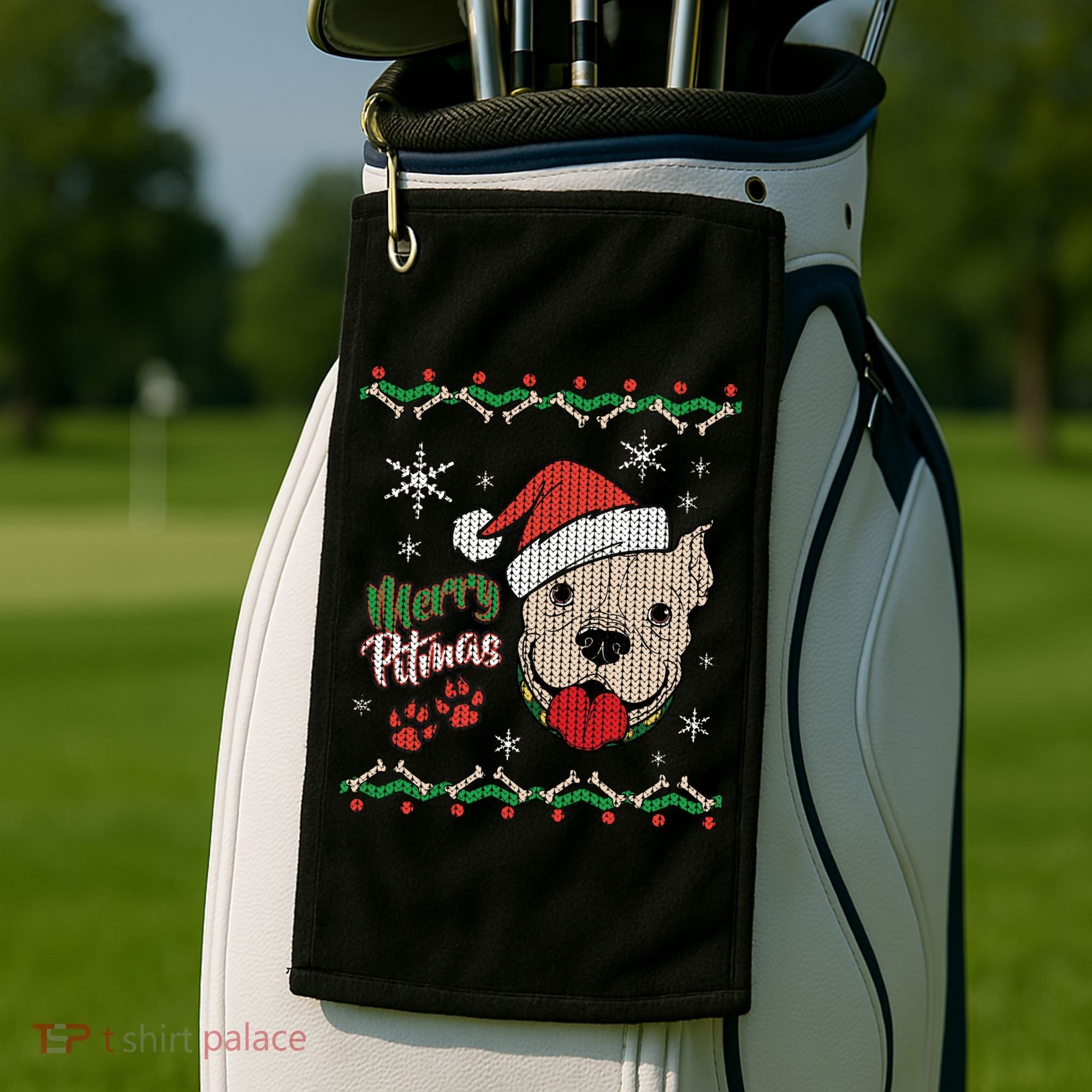 Merry Pitmas Ugly Christmas Sweater Golf Towel