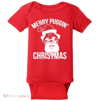 Merry Puggin Christmas Pug Baby Bodysuit