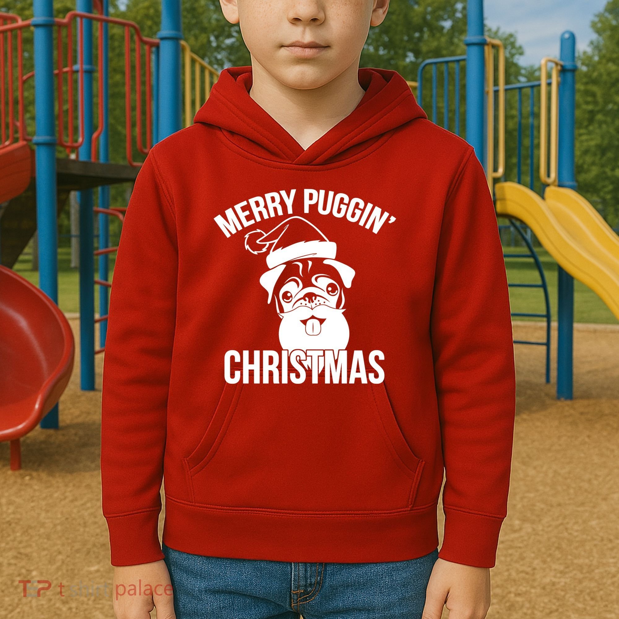 Merry Puggin Christmas Pug Kids Hoodie