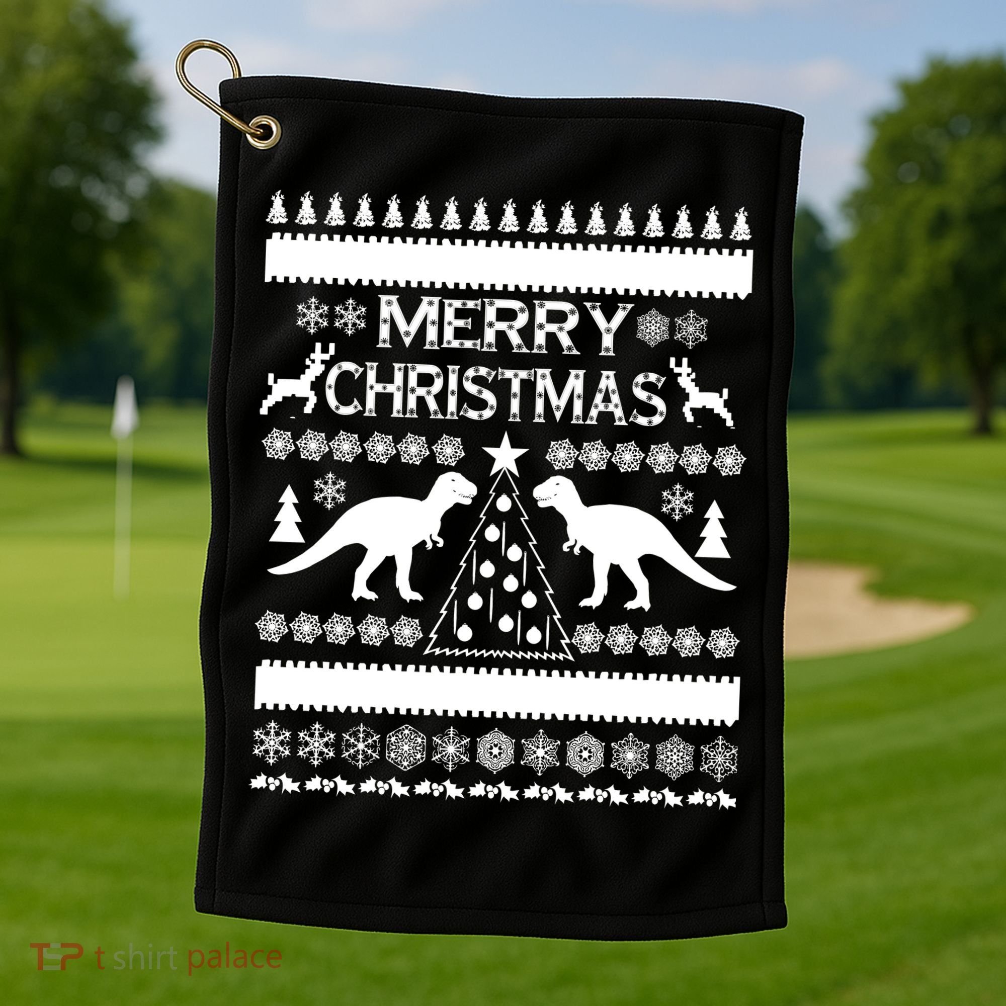 Merry Ugly Christmas T-Rex Sweater Golf Towel