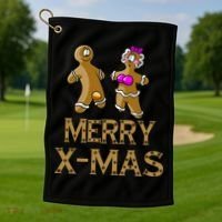 Merry X-Mas Funny Gingerbread Couple Golf Towel thumb 1
