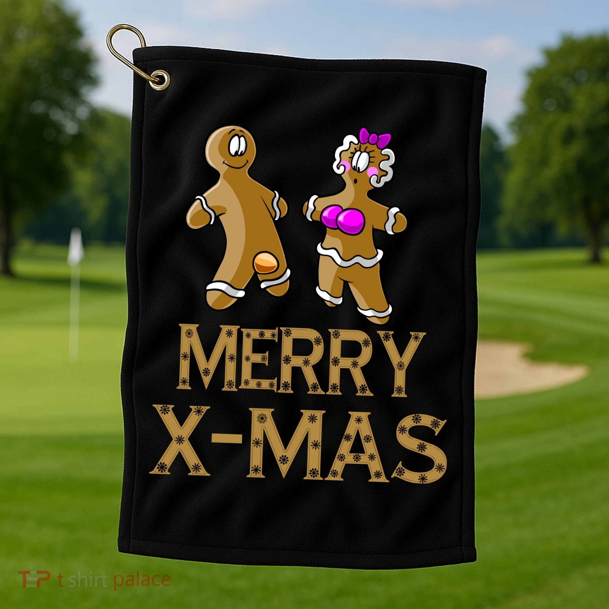 Merry X-Mas Funny Gingerbread Couple Golf Towel